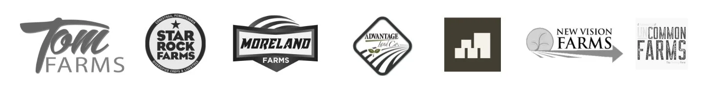 Logos of various farms and agriculture companies, including Town Farms, Star Rock Farms, Moreland Farms, Advantage Land Co., and others, arranged in a row.