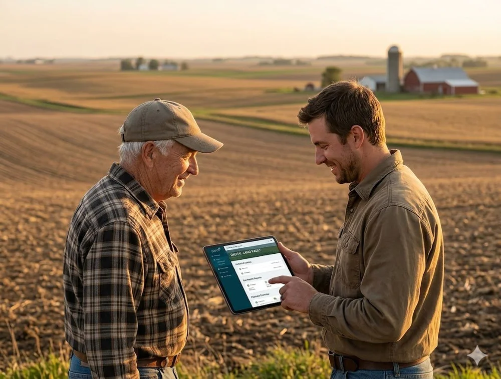 A retiring landowner and the next generation reviewing farm lease records on a tablet at the edge of a field