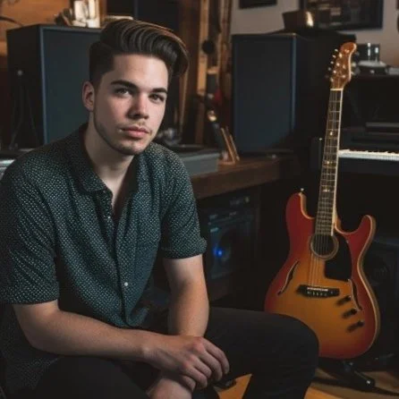 Man sitting beside an electric guitar