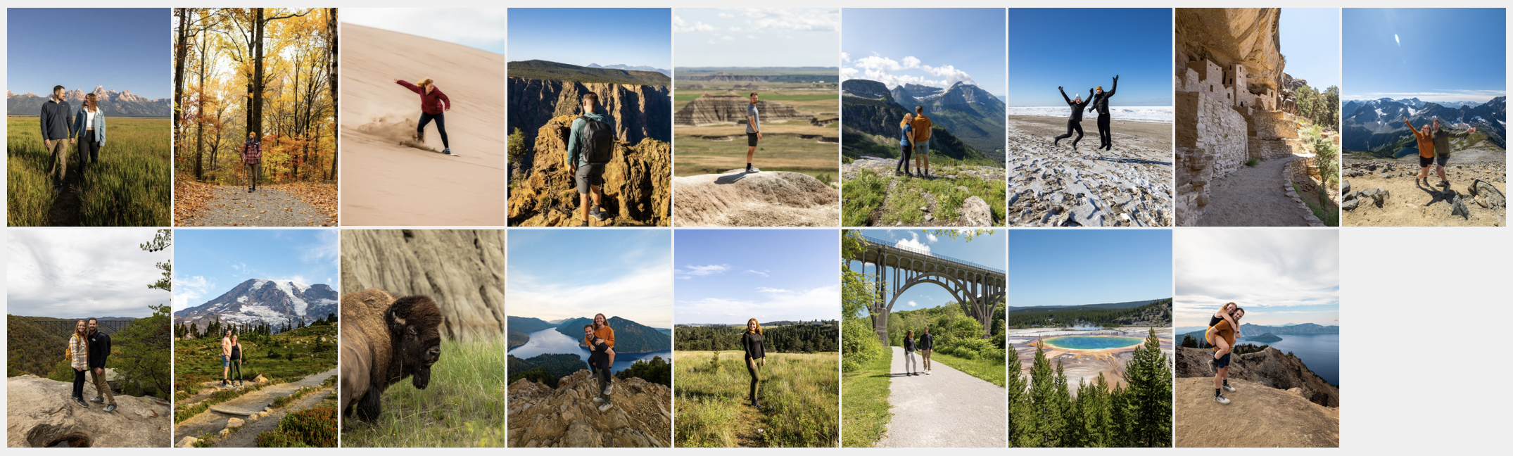 Photos of Kelley and Carl in all 17 of the National Parks they visited in 2025