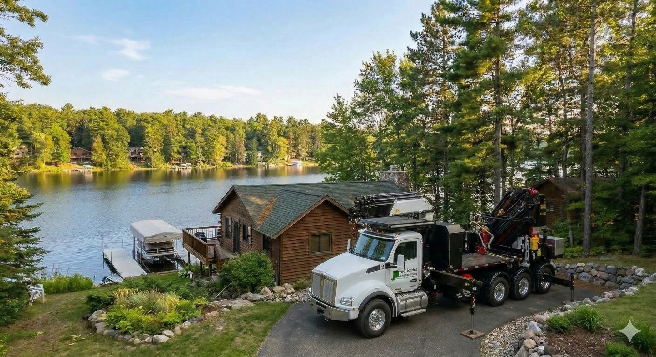 JN Tree Service & Landscaping specialized white crane truck, with its boom lowered and folded, is parked on a pristine Crosslake, MN shoreline property near a rustic cabin and boat dock.