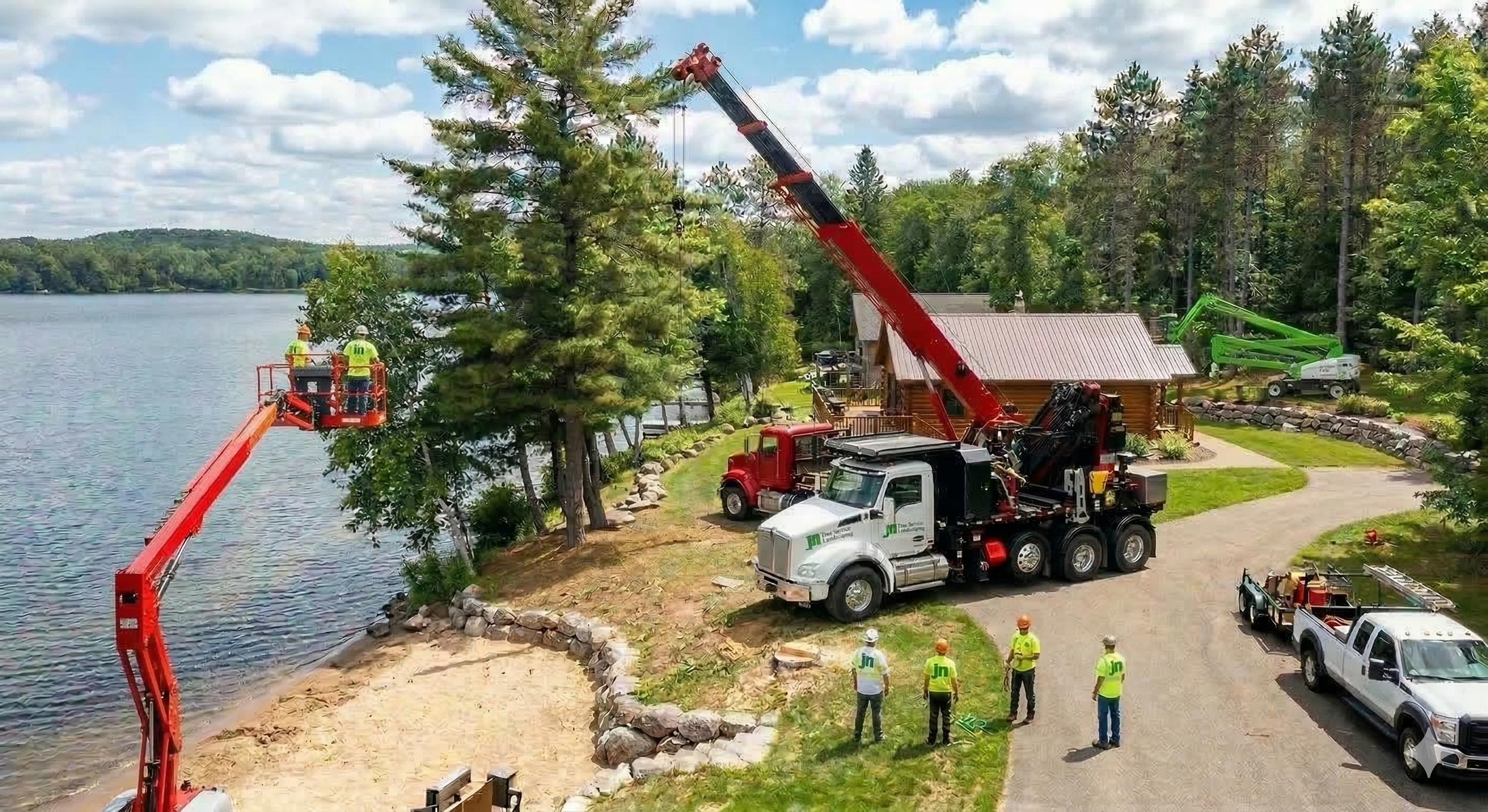 JN Tree Service & Landscaping heavy machinery, including a feller buncher and crane, performing a complex shoreline lift on Sibley Lake, Pequot Lakes, MN.