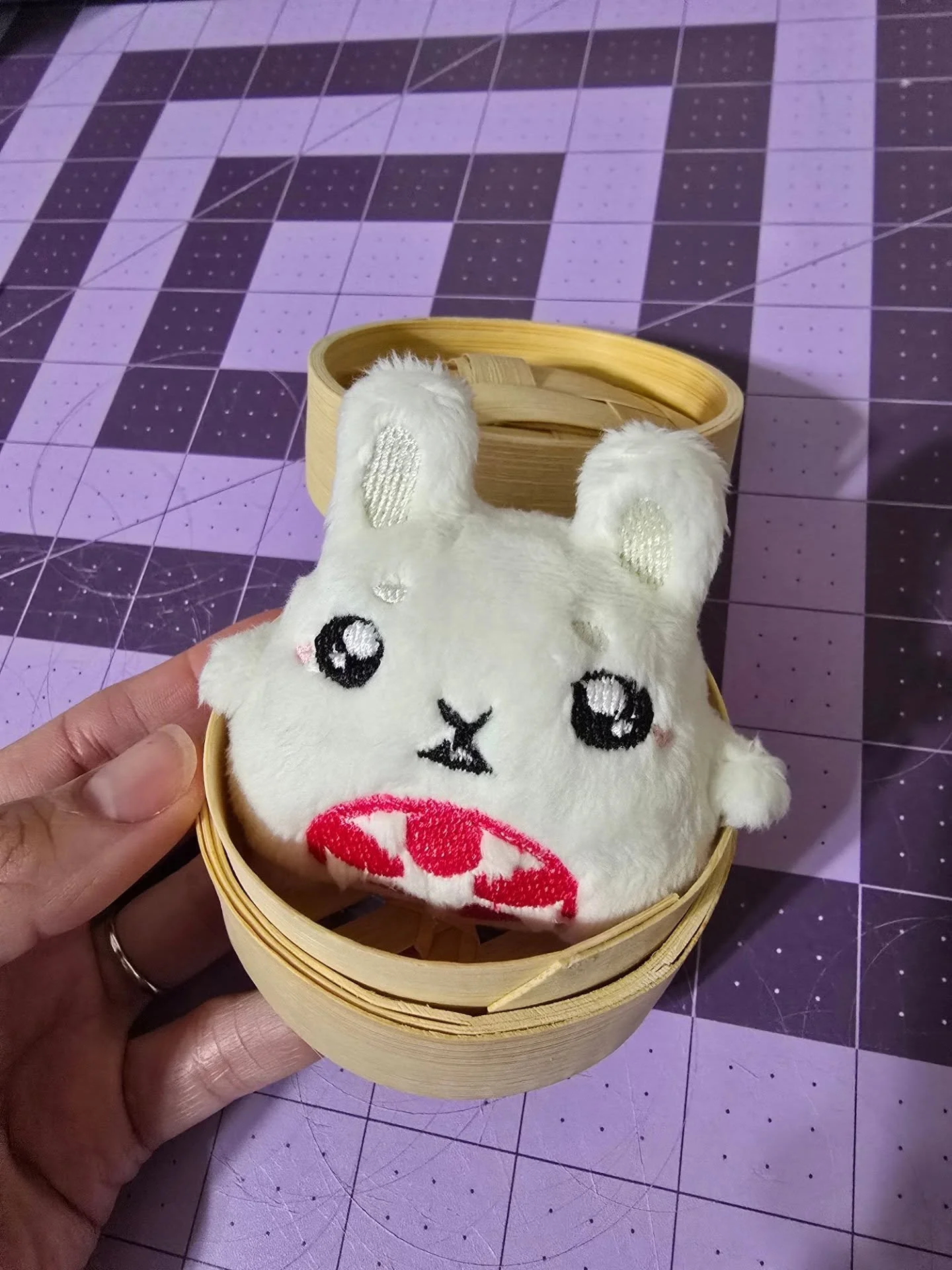 Bakpao bun handmade plush 🐰 Starting to get low on these tiny bamboo steamers that all the bakpao plush come with
