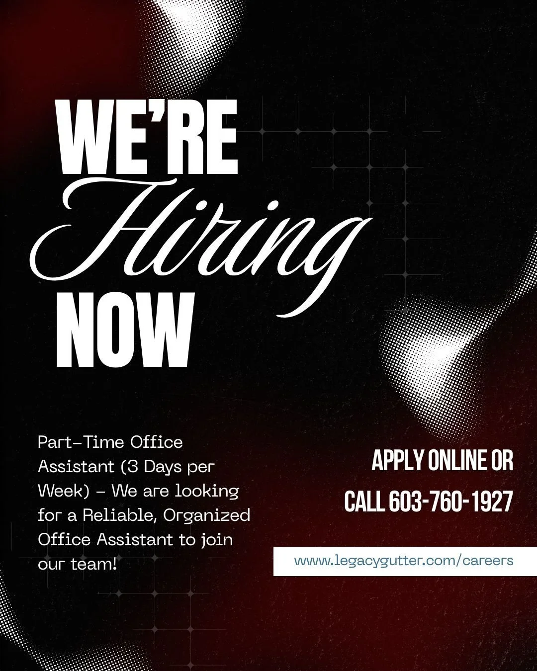 We're hiring! 📣 

Part-Time Office Assistant (3 Days/Week)

We're looking for a reliable, organized team member to help answer phones, manage customer leads, schedule appointments, and support daily office operations.

Interested? Fill out the form 