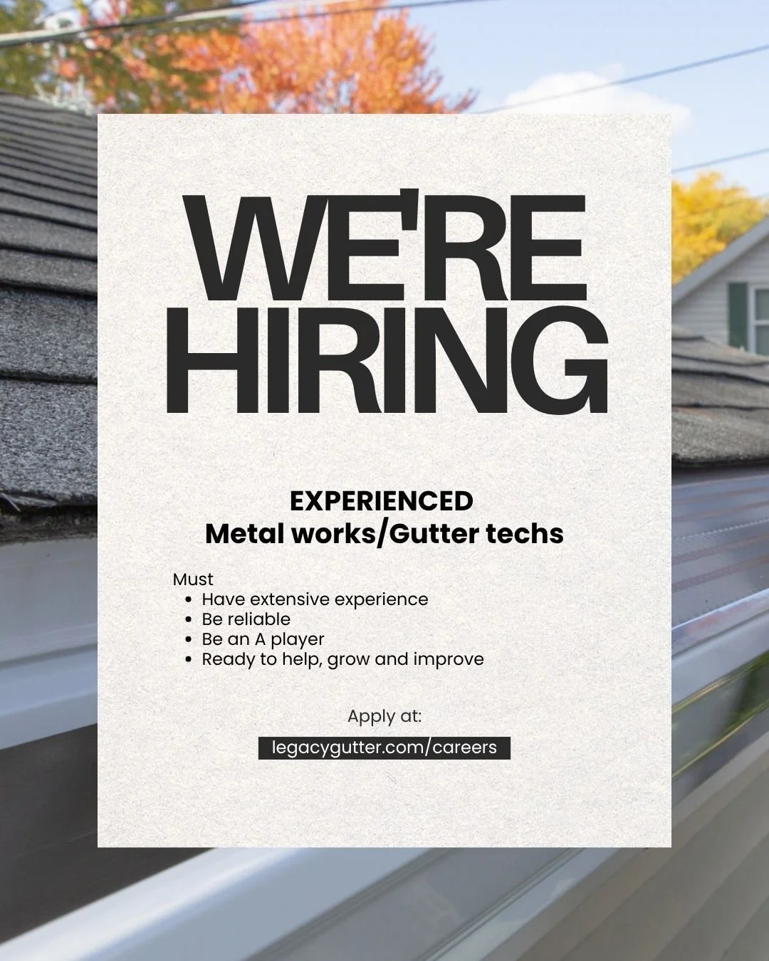 Now Hiring!

EXPERIENCED metal works/gutter techs.

Must have extensive experience
Must be reliable
Must be an A player
Must be ready to help, grow and improve

Apply today at https://www.legacygutter.com/careers

#NowHiring #LegacyGutter #GutterTech