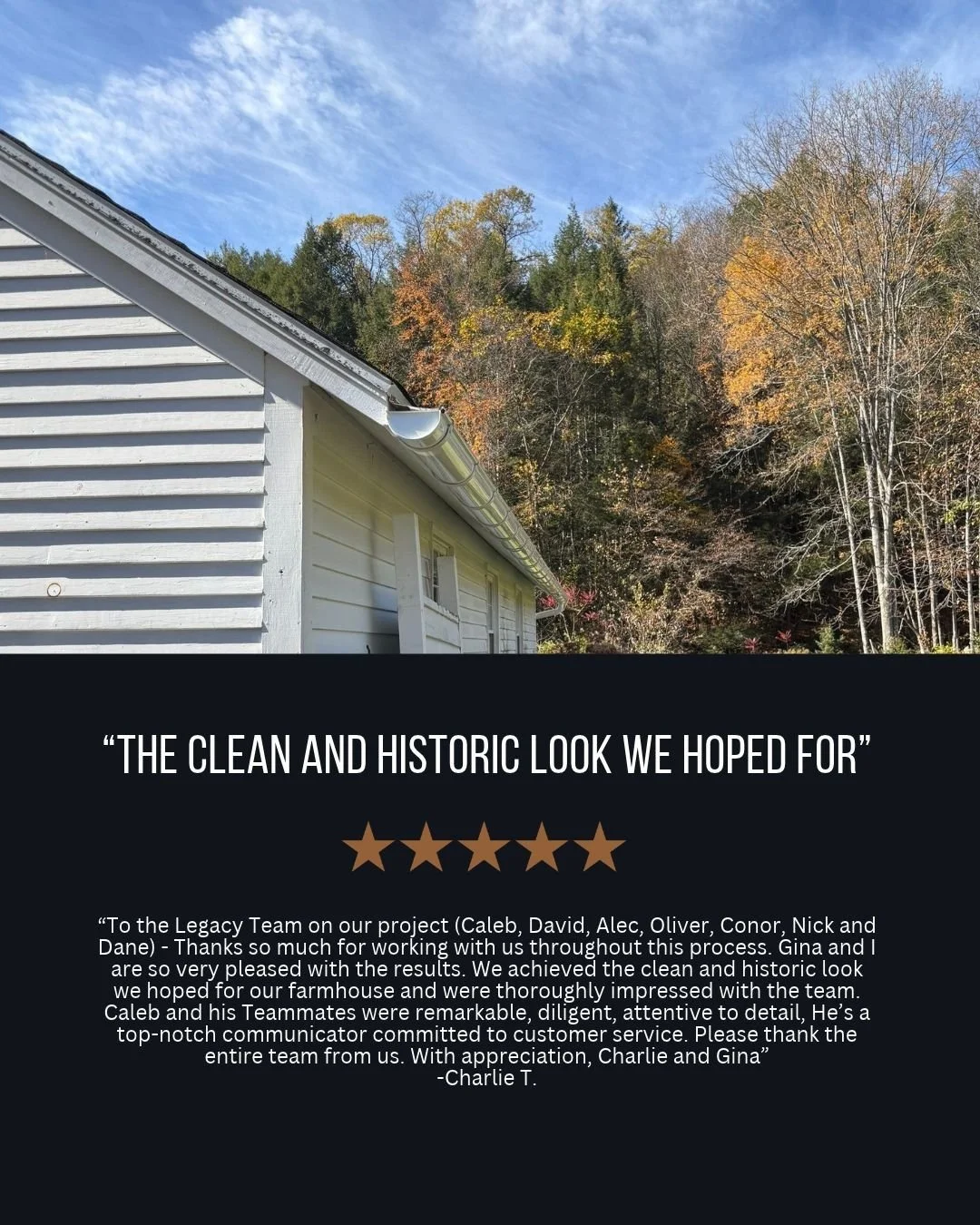 Thank you Charlie &amp; Gina! We loved helping bring out the clean, historic look you wanted for your farmhouse. Seamless gutters that fit a home's character are what we love to do.

A big shout-out to Team Legacy for the care and attention to detail