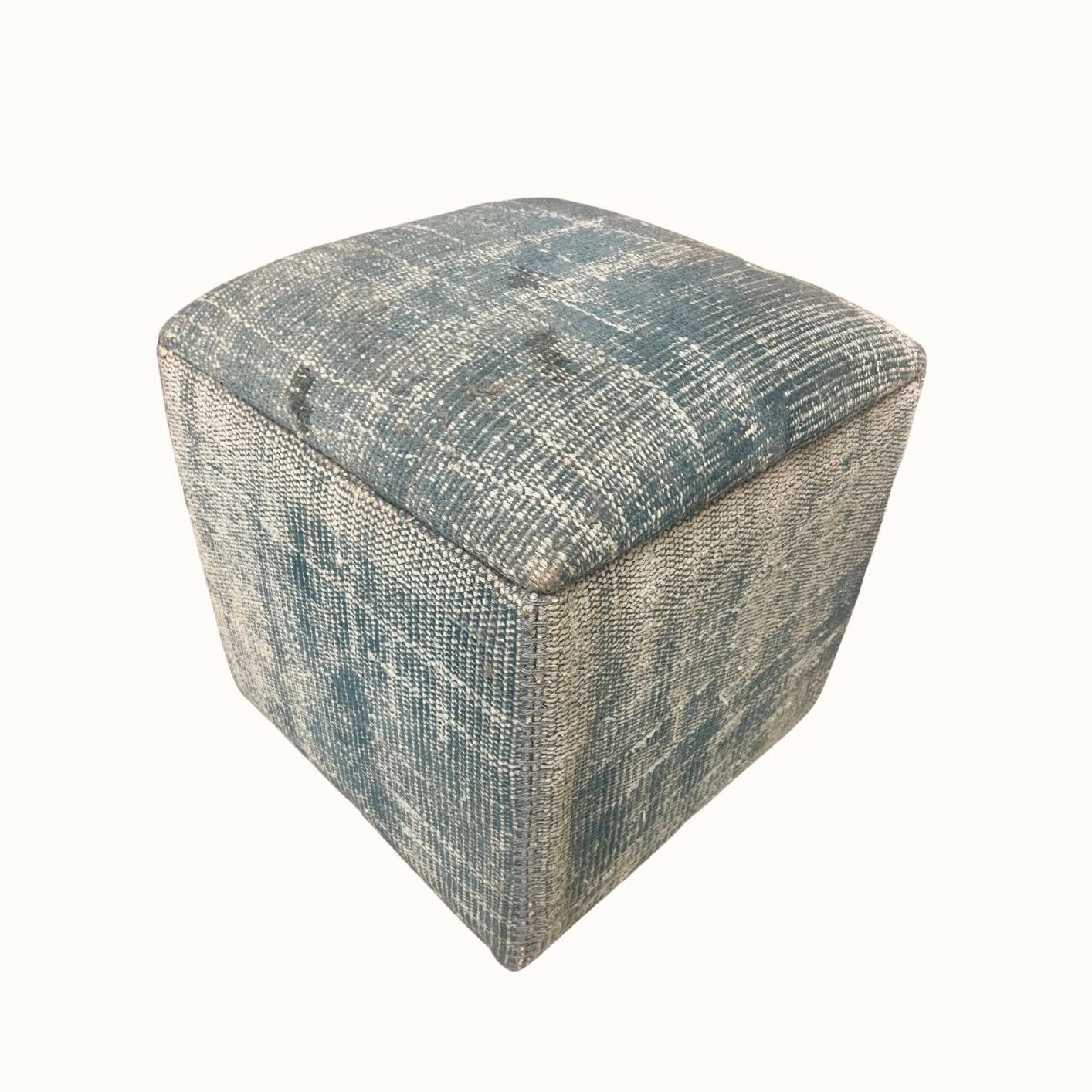 Light Blue Upholstered Cube Ottoman