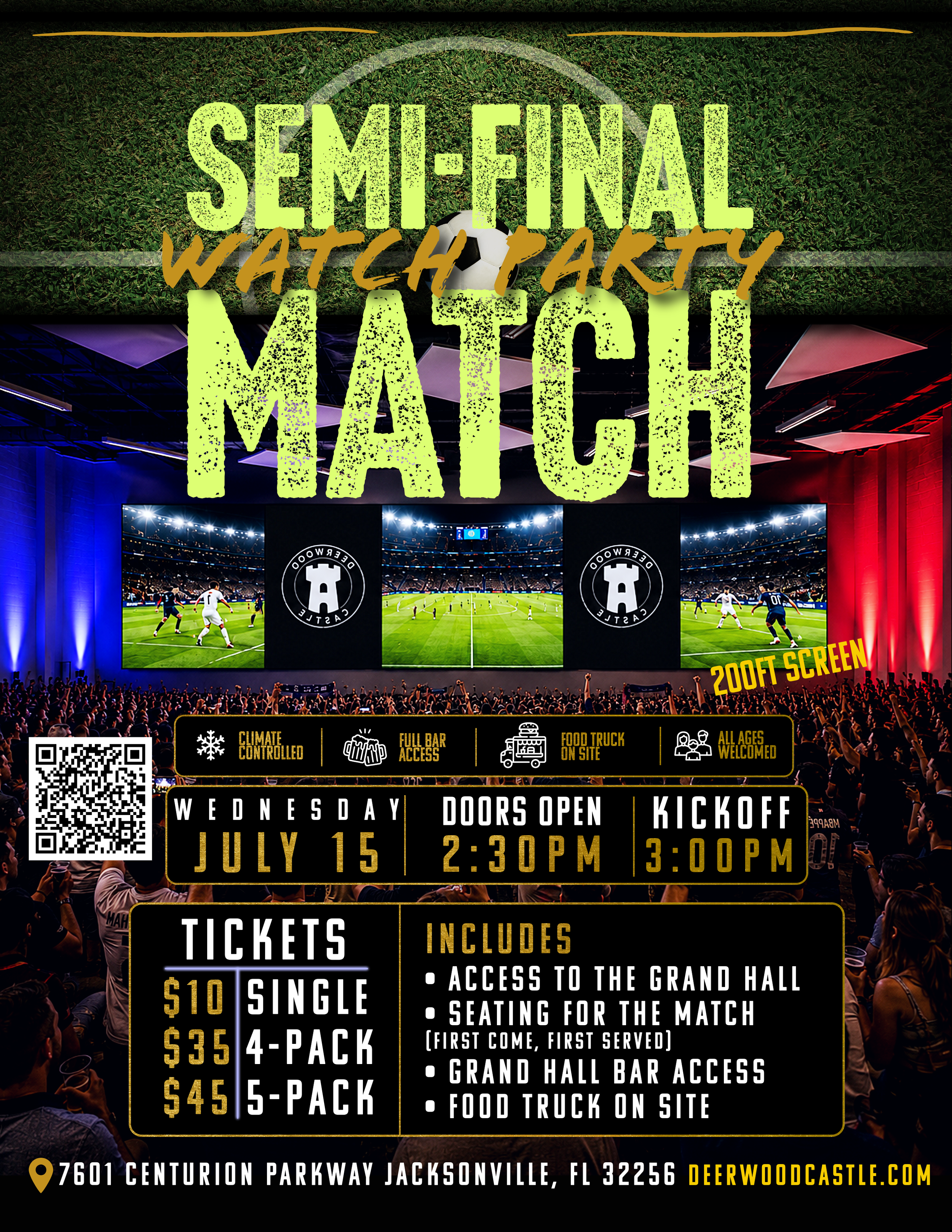 Soccer championship watch party at Deerwood Castle in Jacksonville featuring 200-foot projection screens, VIP lounge, food trucks, and the Jacksonville Sports Car Museum.