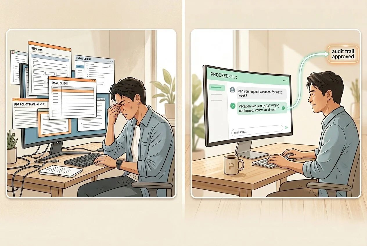 The picture shows an illustration on the left with a stressed employee who sits in front of a screen with many open program windows. On the right, a smiling employee is shown in front of a PROCEED chat window and requests vacation time via it.