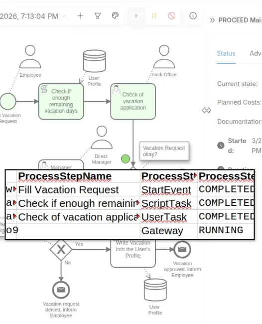 Monitoring overview of one process execution with audit trail
