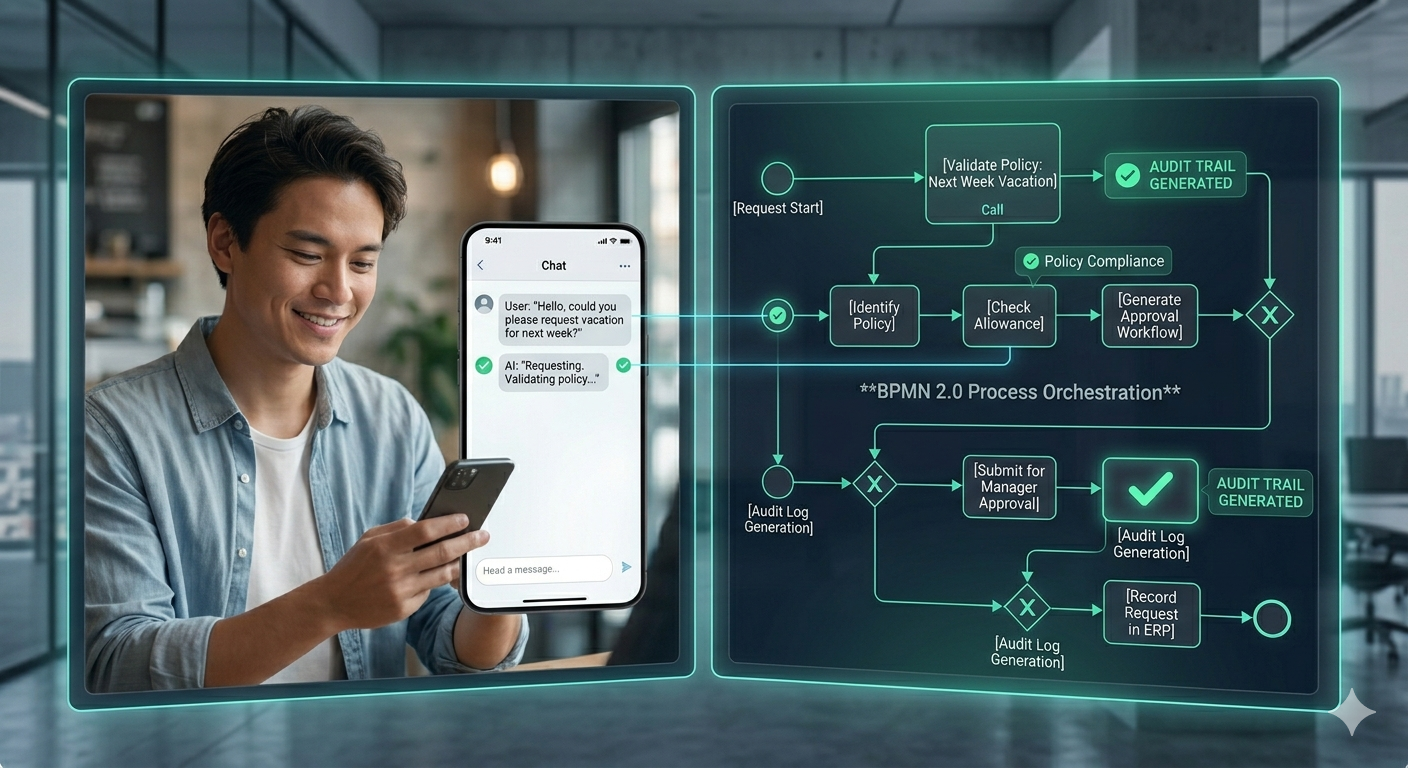 The left part of the image shows an employee who uses his chatbot on the phone to request vacation for next week. On the right side are incoming arrows from the chatbot to a BPMN diagram, executing the company process in the background.