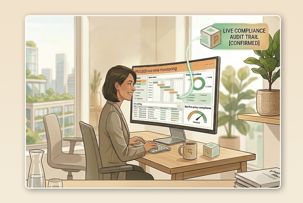 The picture shows a manager in front of a screen checking the real-time monitoring status of all company processes with the PROCEED Process Management System.
