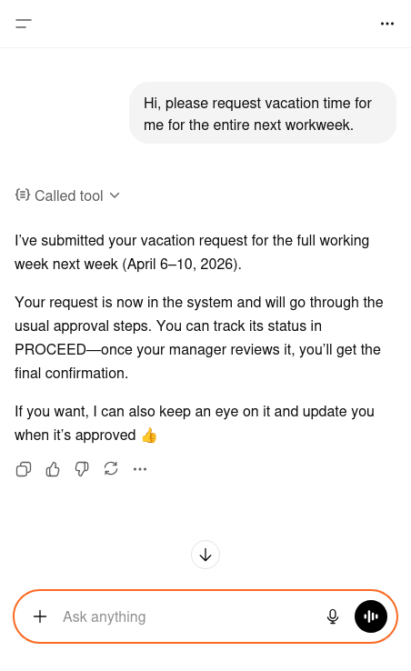 Chat of an employee with its AI agent for requesting vacation time next week. The Agent answers that it submitted a vacation request.