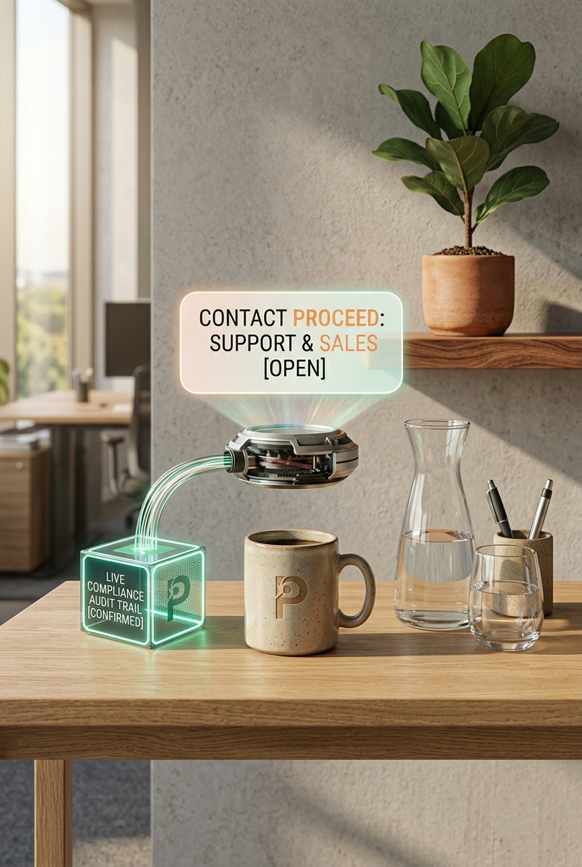 Generic contact form image for PROCEED. It contains a flying robot device showing the process step "Contact PROCEED".