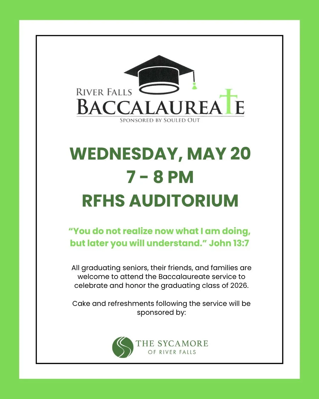 🎉Hey Seniors 🎓

Join us tomorrow at 7 PM in the River Falls High School Auditorium for the Baccalaureate service.

All graduating seniors, their friends, and families are welcome to attend to celebrate and honor the graduating class of 2026.
 
Cake