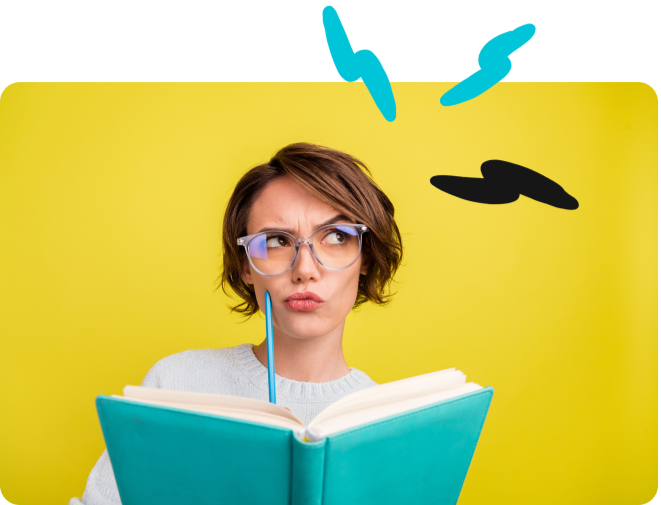Young woman with short brown hair wearing glasses, holding an open blue book against a yellow background, with stylized blue and black clouds above her head.