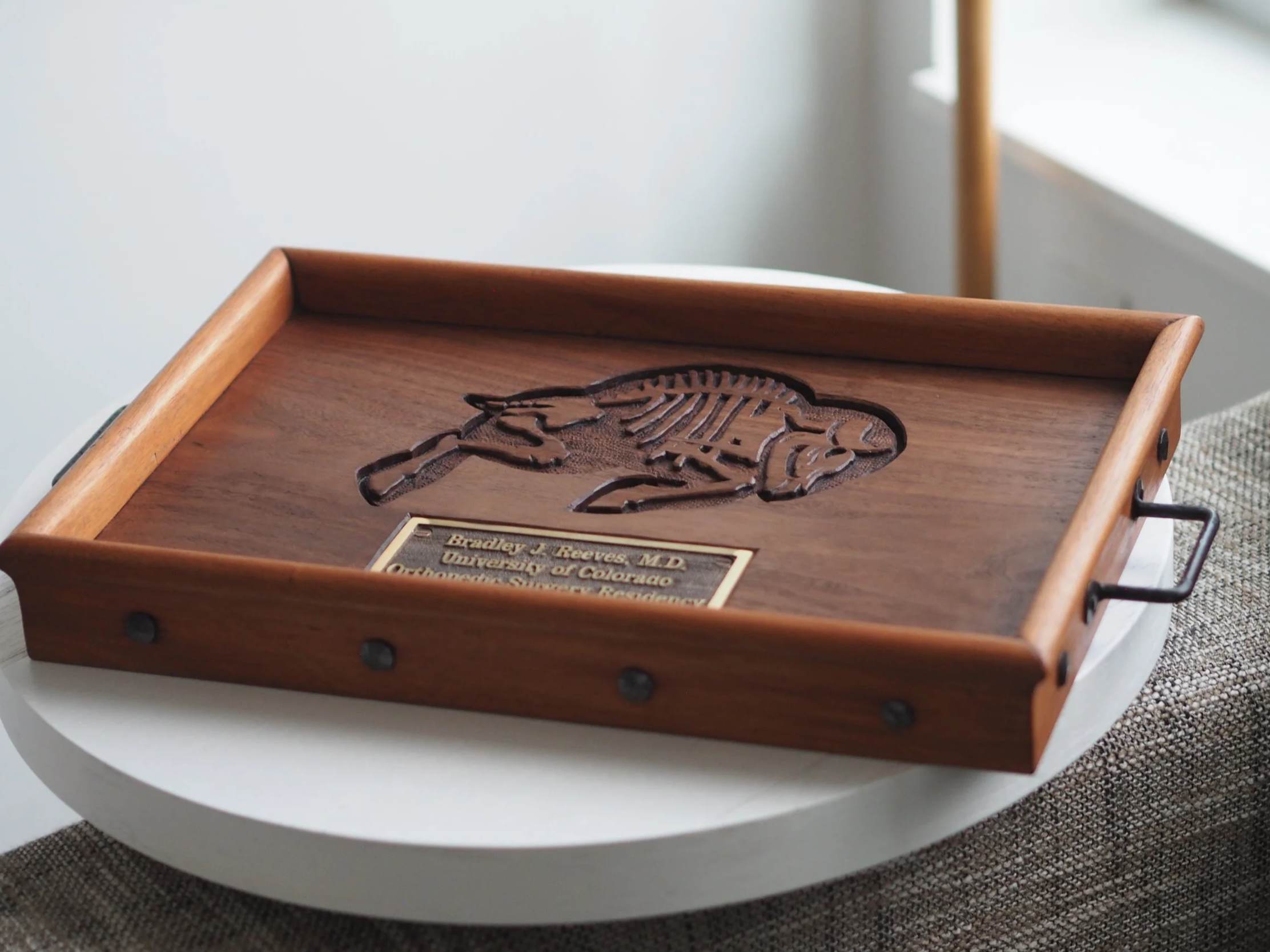 relief carved mahogany walnut wood serving tray with hand forged hardware handles clavos