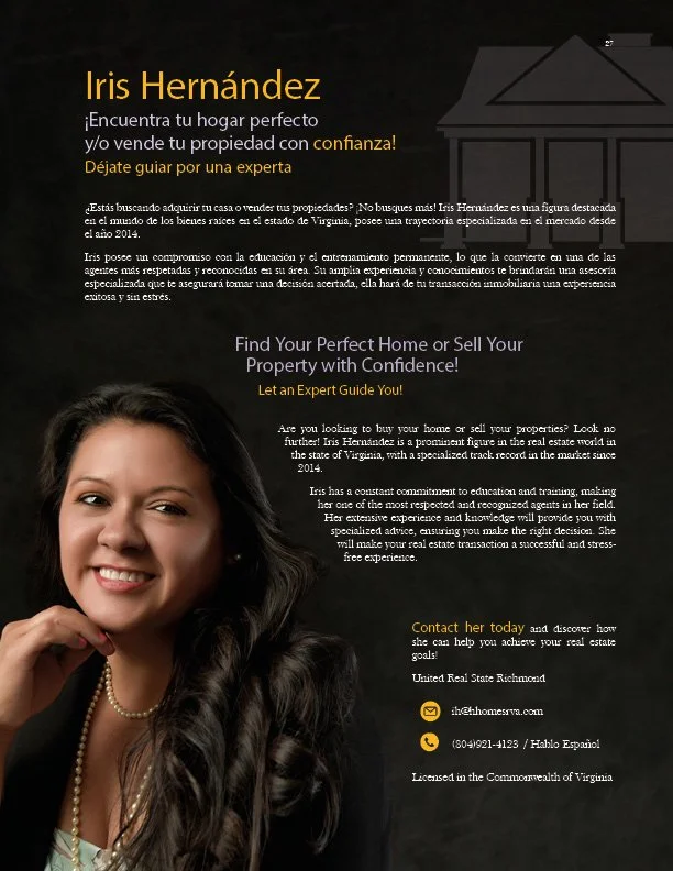 Real estate flyer featuring Iris Hernández with her contact information, promoting buying or selling property in Virginia, with a smiling woman in professional attire and dark background.