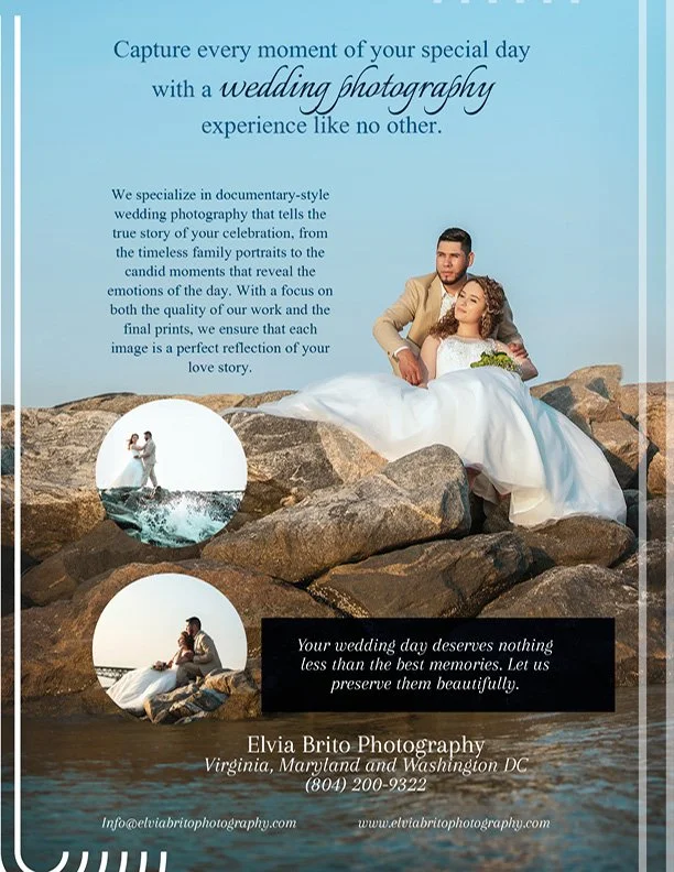 Wedding photography advertisement with images of a bride and groom on rocks by water, promoting Elvia Brito Photography in Virginia, Maryland, and Washington DC.