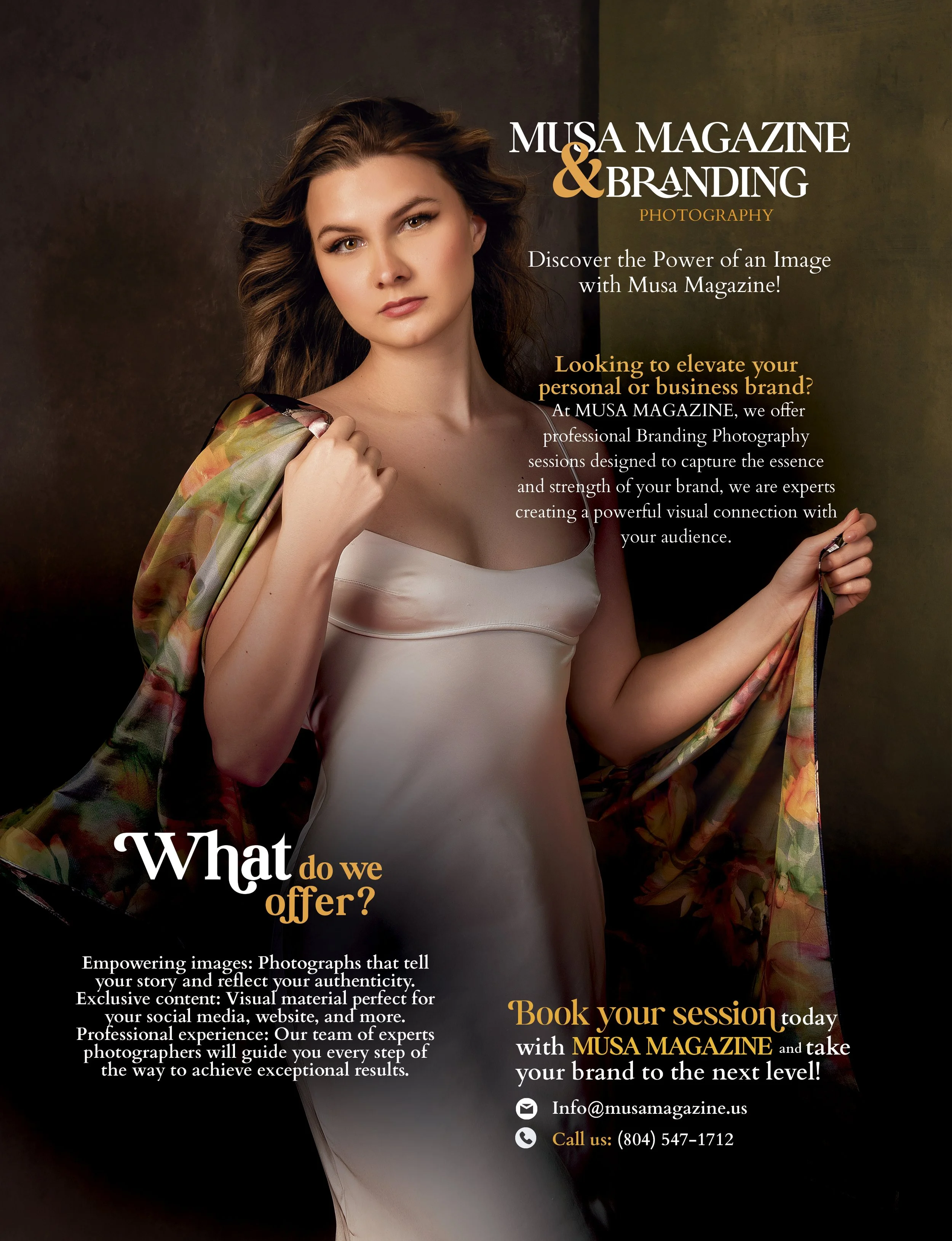 Advertisement for Musa Magazine & Branding Photography featuring a woman in a satin dress holding a floral shawl.