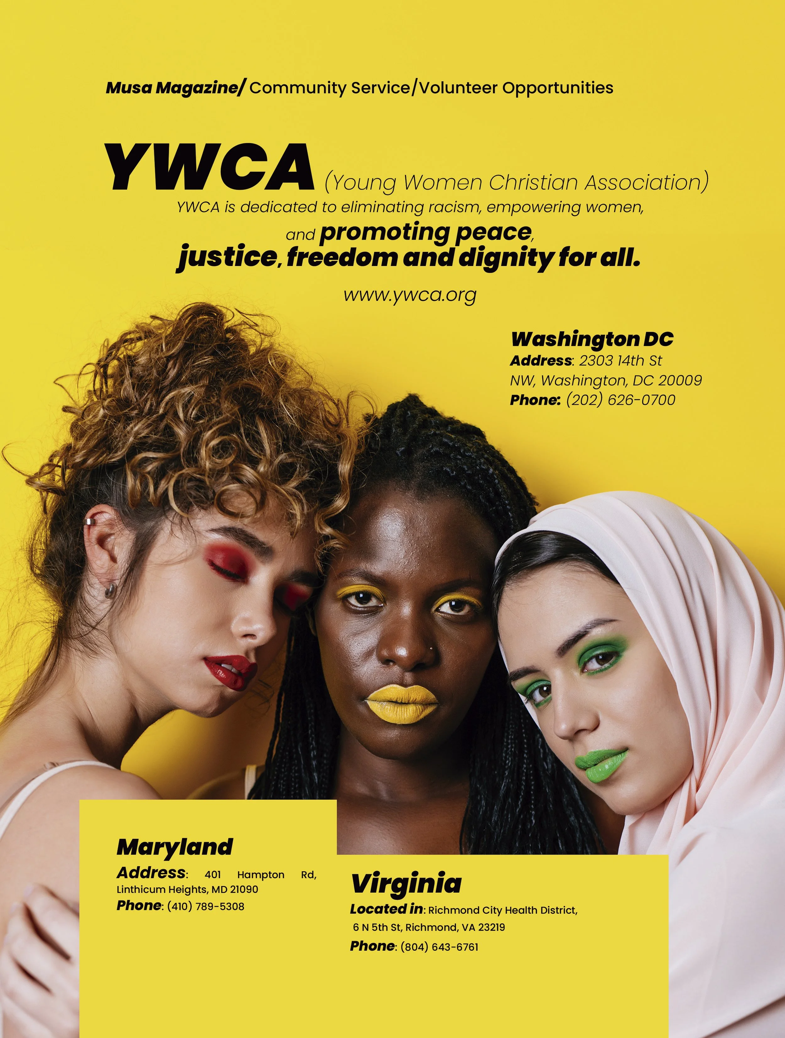 Flyer for YWCA community service and volunteer opportunities featuring three diverse women with colorful makeup against a yellow background.