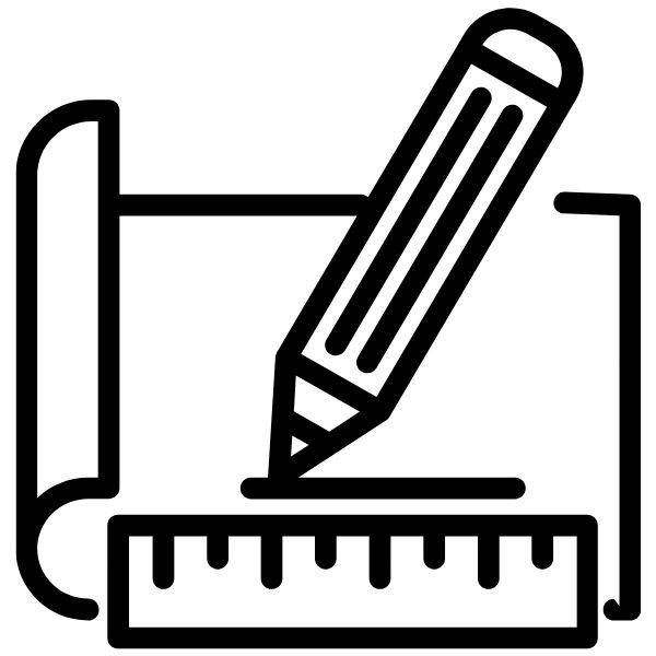 Icon of a pencil drawing a straight line on a ruler, with a rolled-up paper in the background.