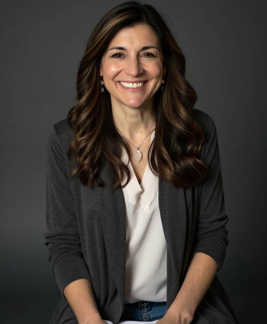 Portrait of a woman smiling, with long wavy brown hair, wearing a white blouse, a dark grey cardigan, and pearl earrings, against a dark background.