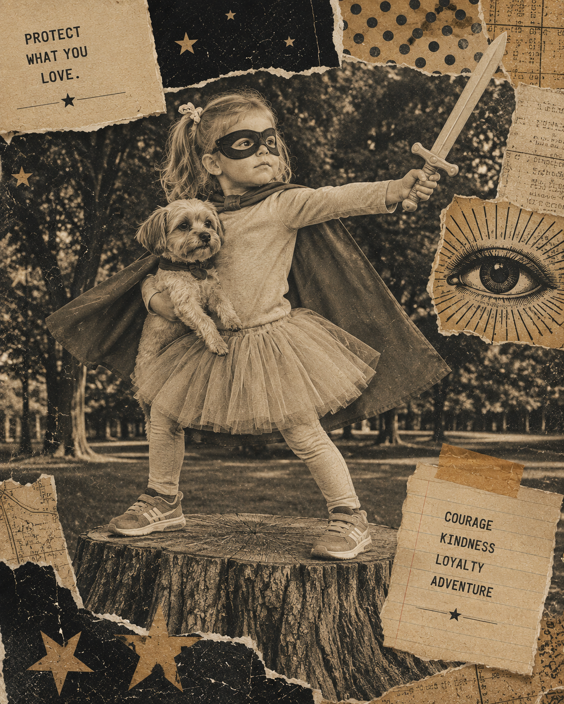 A young girl dressed as a superhero, wearing a cape, mask, and tutu skirt, holding a toy sword in an outdoor park. She is standing on a tree stump, holding a small dog, and striking a heroic pose. Torn paper and scrapbook-style elements with words like 'Protect What You Love,' and words such as 'Courage,' 'Kindness,' 'Loyalty,' 'Adventure,' accompany the scene.