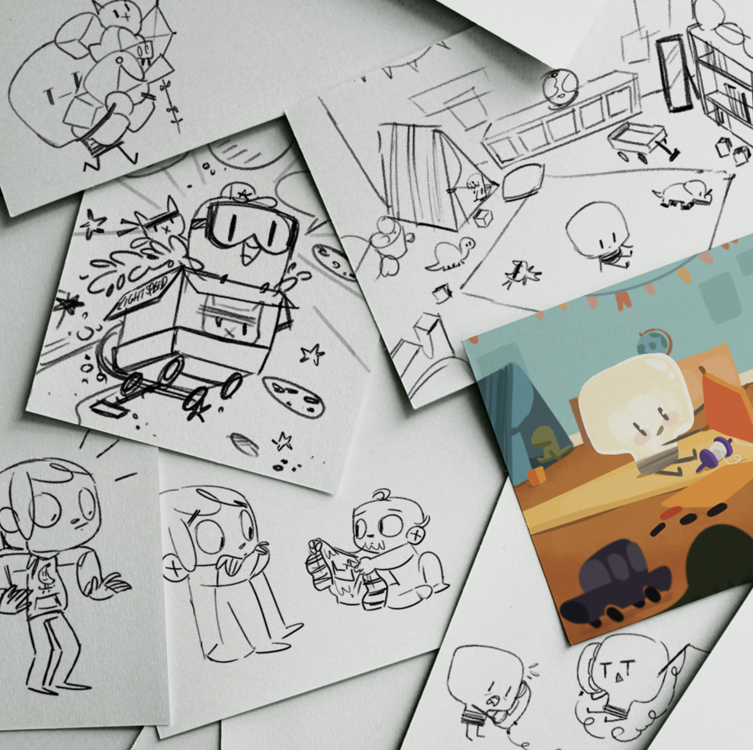 Several sketches and a colorful digital illustration of cute cartoon characters, including a character with a food block head, in playful indoor and outdoor scenes.