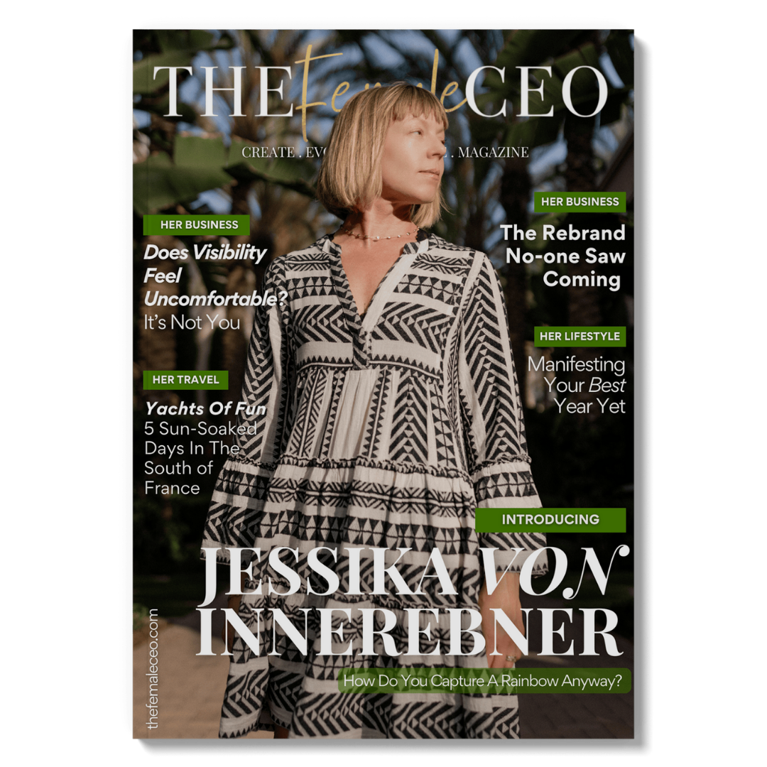 Magazine cover featuring Jessika Von Innerebner wearing a geometric patterned dress, with headlines about business rebranding, lifestyle, travel, and photography.