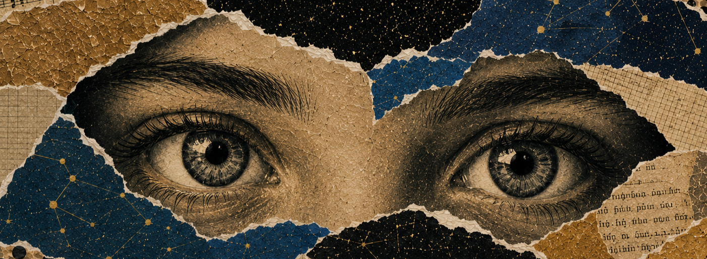 Close-up collage of a woman's eyes with torn paper and textured backgrounds in gold, black, blue, and beige, featuring star and constellation patterns.