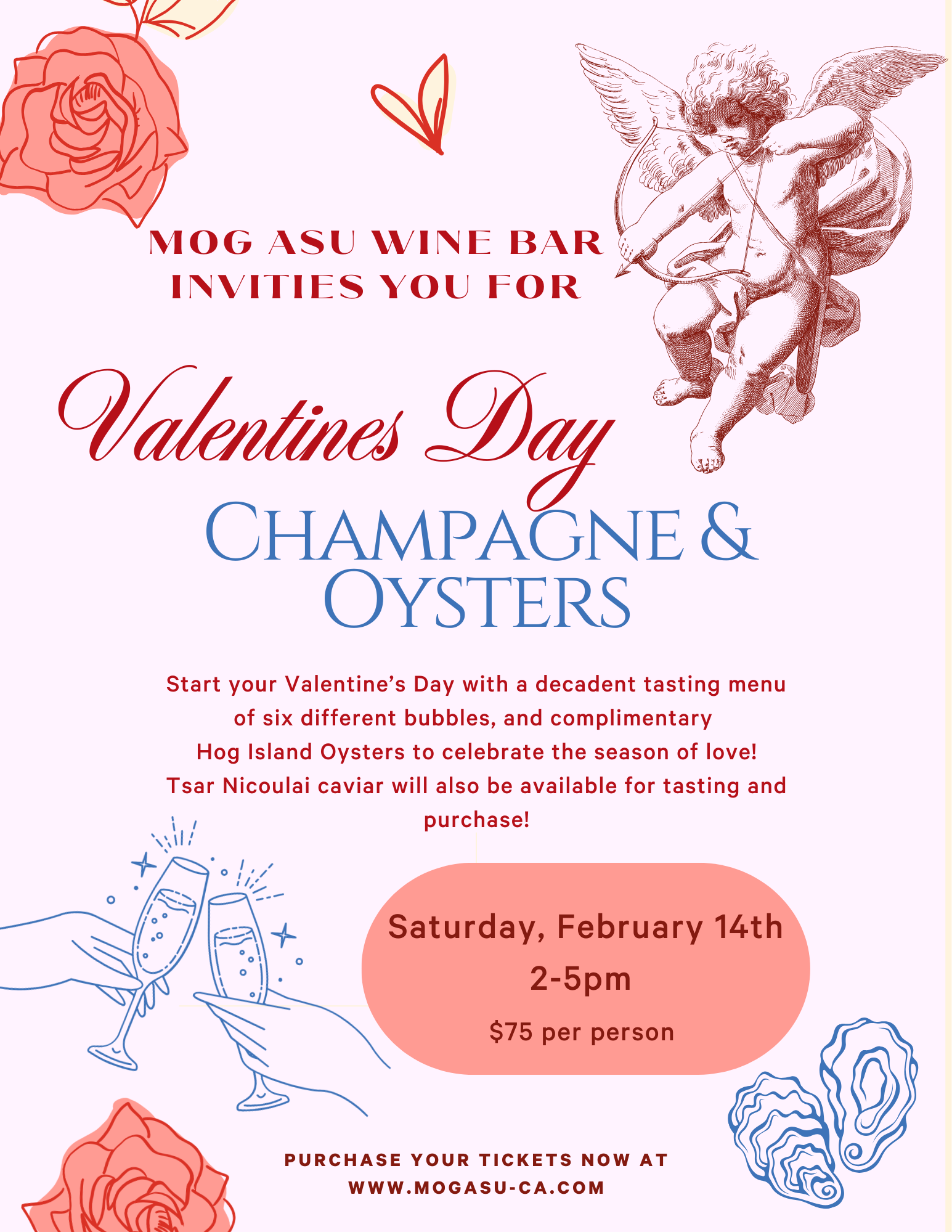 Valentine's Day event invitation with roses, a cherub holding a bow and arrow, champagne glasses clinking, oysters, and event details.