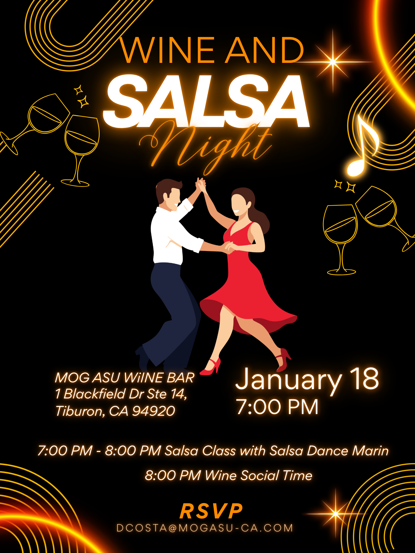 Salsa dancing event, January 18th from 7 PM to 9PM. RSVP to dcosta@mogasu-ca.com 