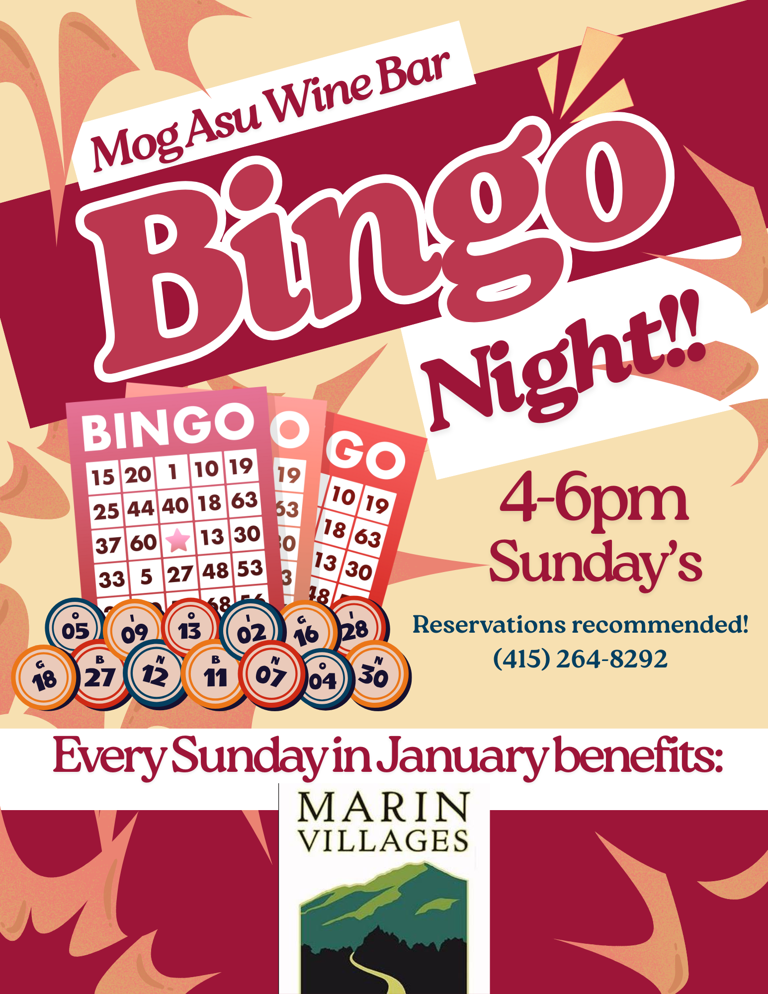Poster advertising Bingo Night at Mog Asu Wine Bar every Sunday from 4 to 6 pm, featuring Bingo and Go game cards, with a phone number for reservations, and a promotion for Sunday benefits at Marin Villages.
