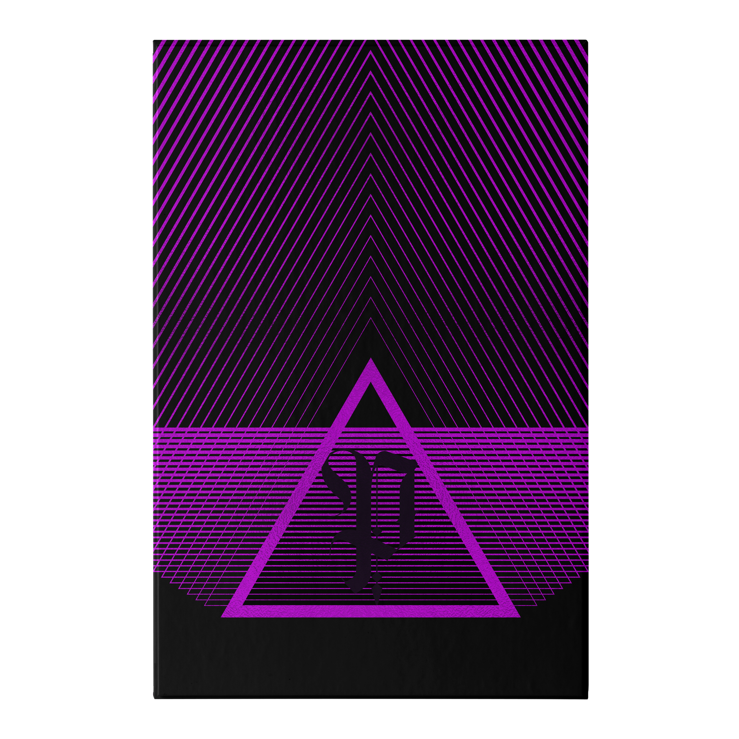 This book slipcase has a black background with a metallic purple triangle in the bottom center. There is a P in a gothic text inside the triangle. Thinner triangles expand outward from the inner one making a pattern all the way to the edge.