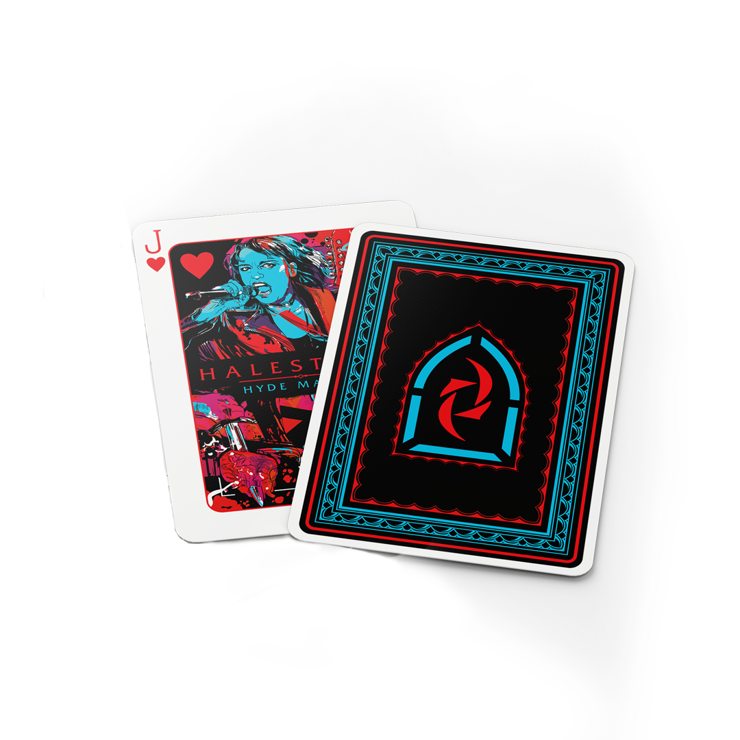 Two playing cards, the face is the same as the book cover. The back is the same as the slipcase without the text.