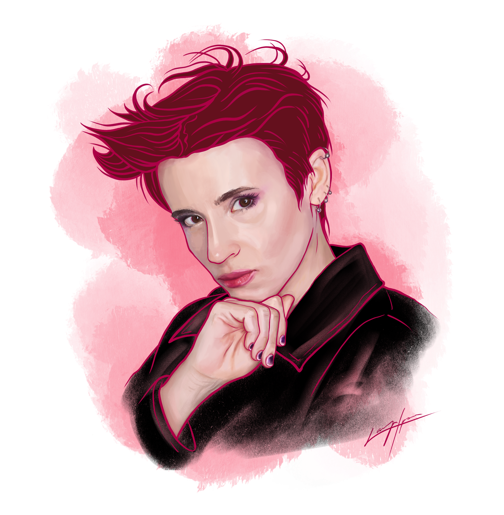 Stylized portrait of Laurie Penny. They have short swept magenta hair and multiple ear piercings. They are resting their chin on one hand in a black jacket against a pink brush-stroke background.