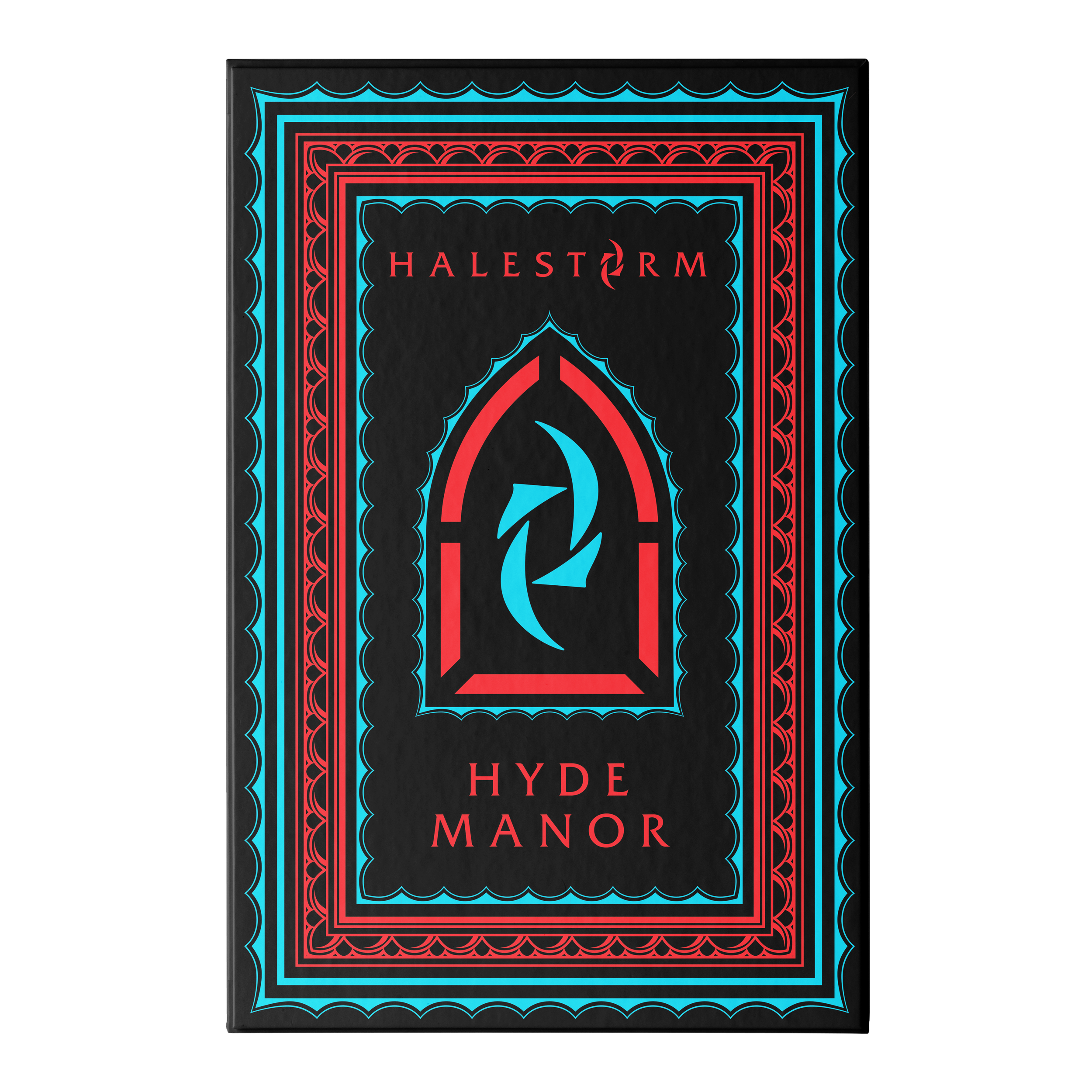 This slipcase shows the Halestorm logo in the center in blue and red. There is a red and blue boarder. The background is black. The text reads "Halestorm Hyde Manor." The O in Halestorm is the Halestorm logo.