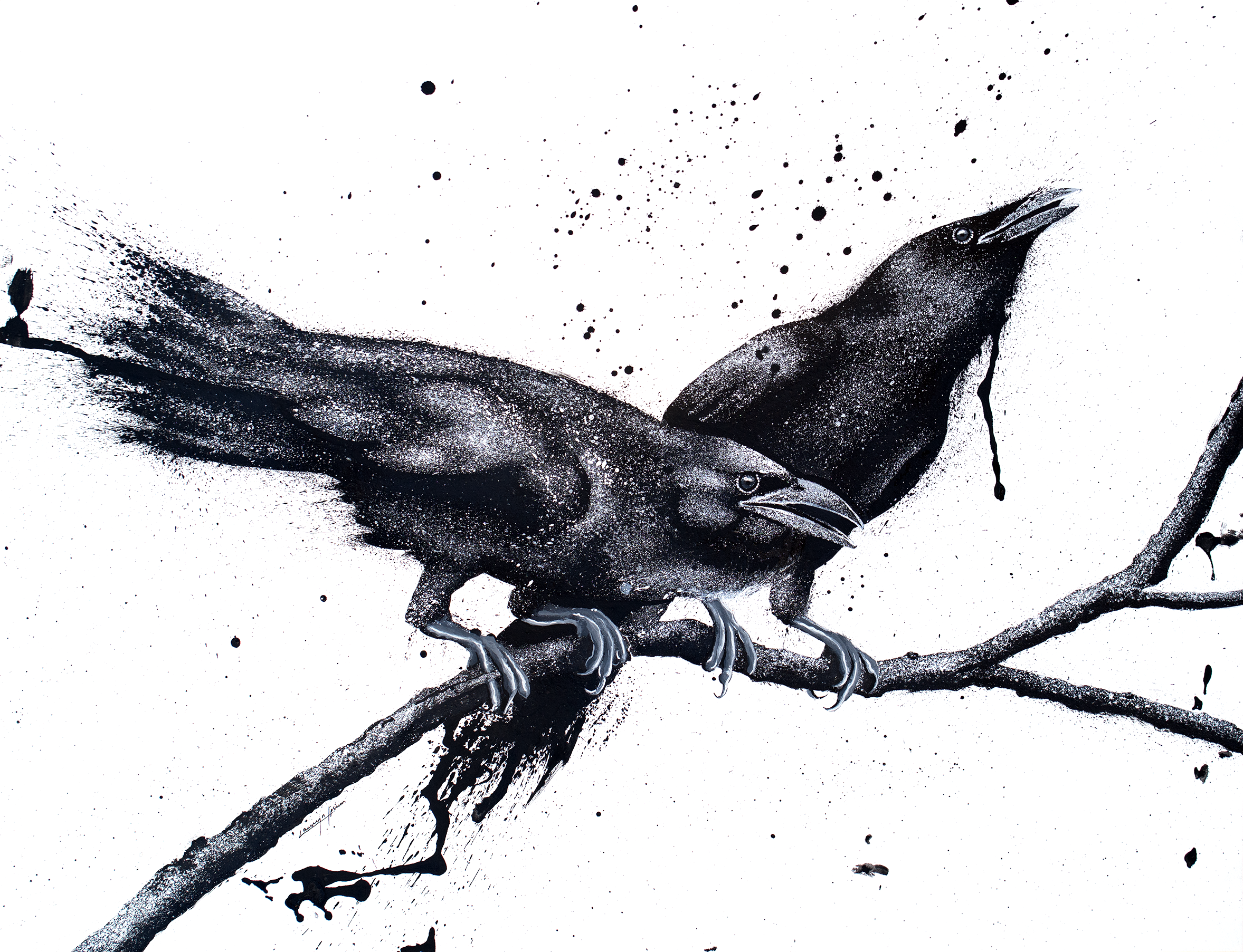 a black and white ink and watercolor illustration of two ravens perched side by side on a bare branch, their open beaks pointing in opposite directions amid scattered ink splatters.