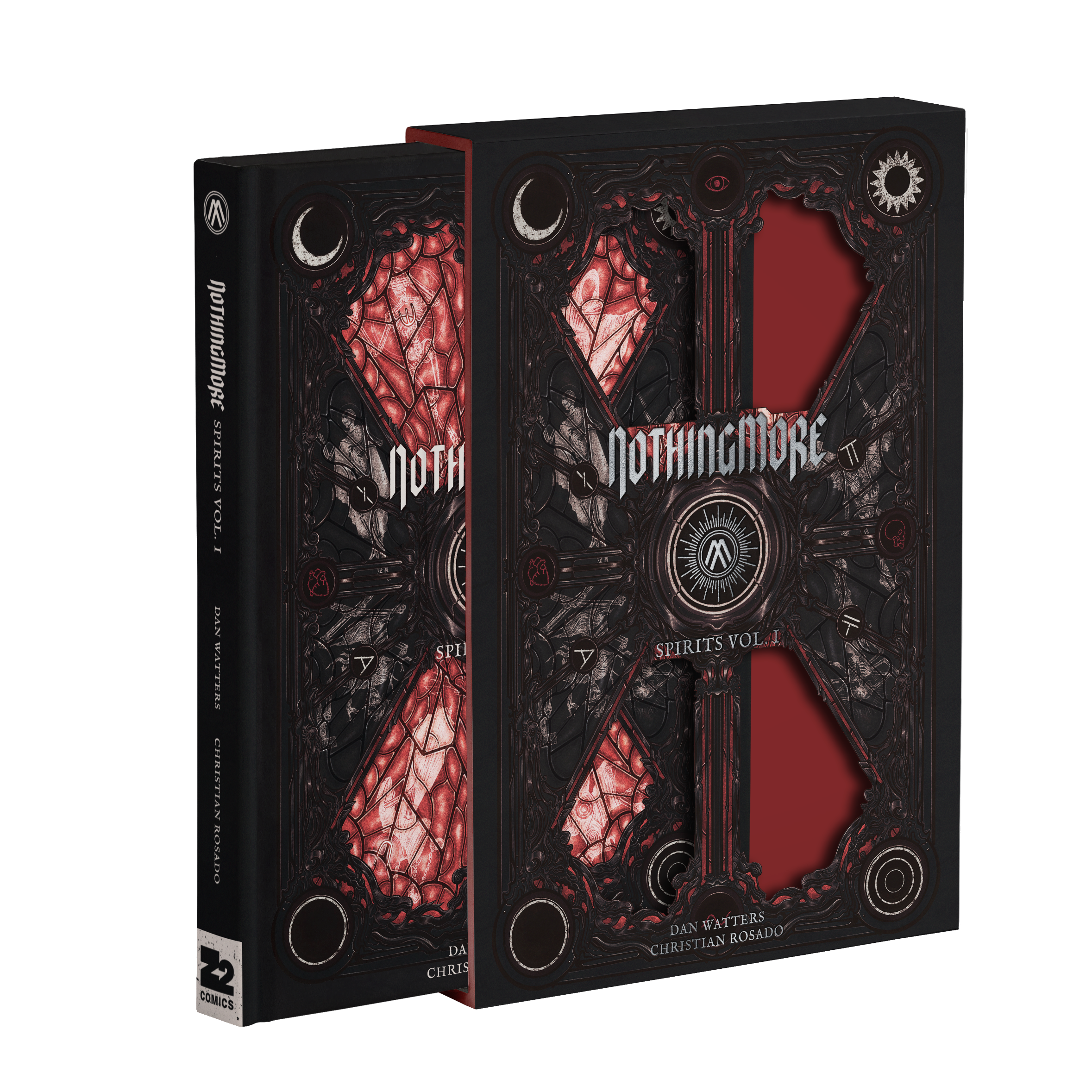 The text of this book slipcase reads "Nothing More" than "Spirits Vol. I" At the bottom are the names "Dan Watters and Christian Rosado." The text is in silver. The slipcase is red and black with the Nothing More logo in the center in silver.