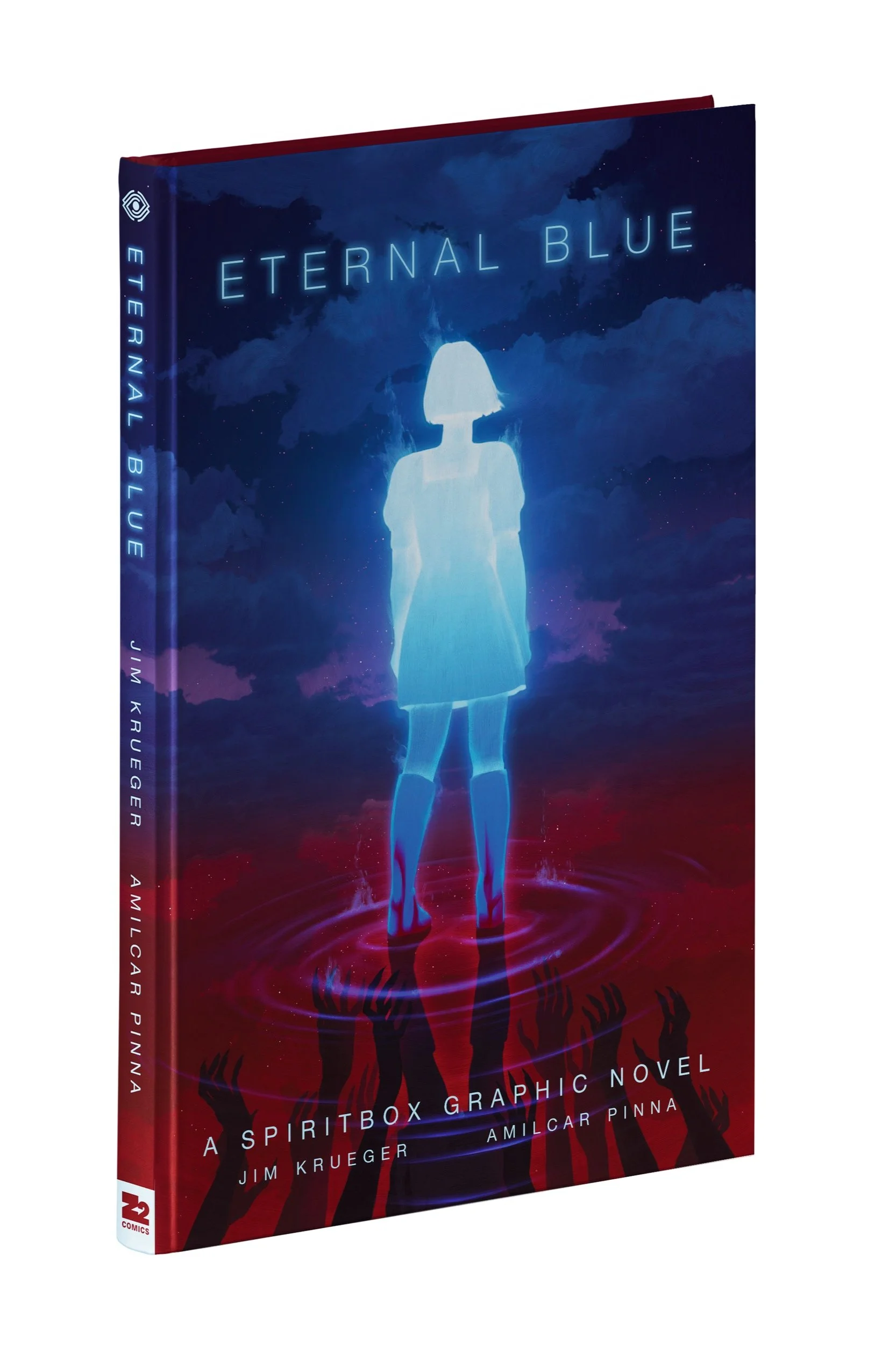 Angled hardcover of Eternal Blue: A Spiritbox Graphic Novel. Pale blue title text floats across a dark, clouded sky above a glowing blue girl standing in red water, surrounded by ripples and dark reaching hands.