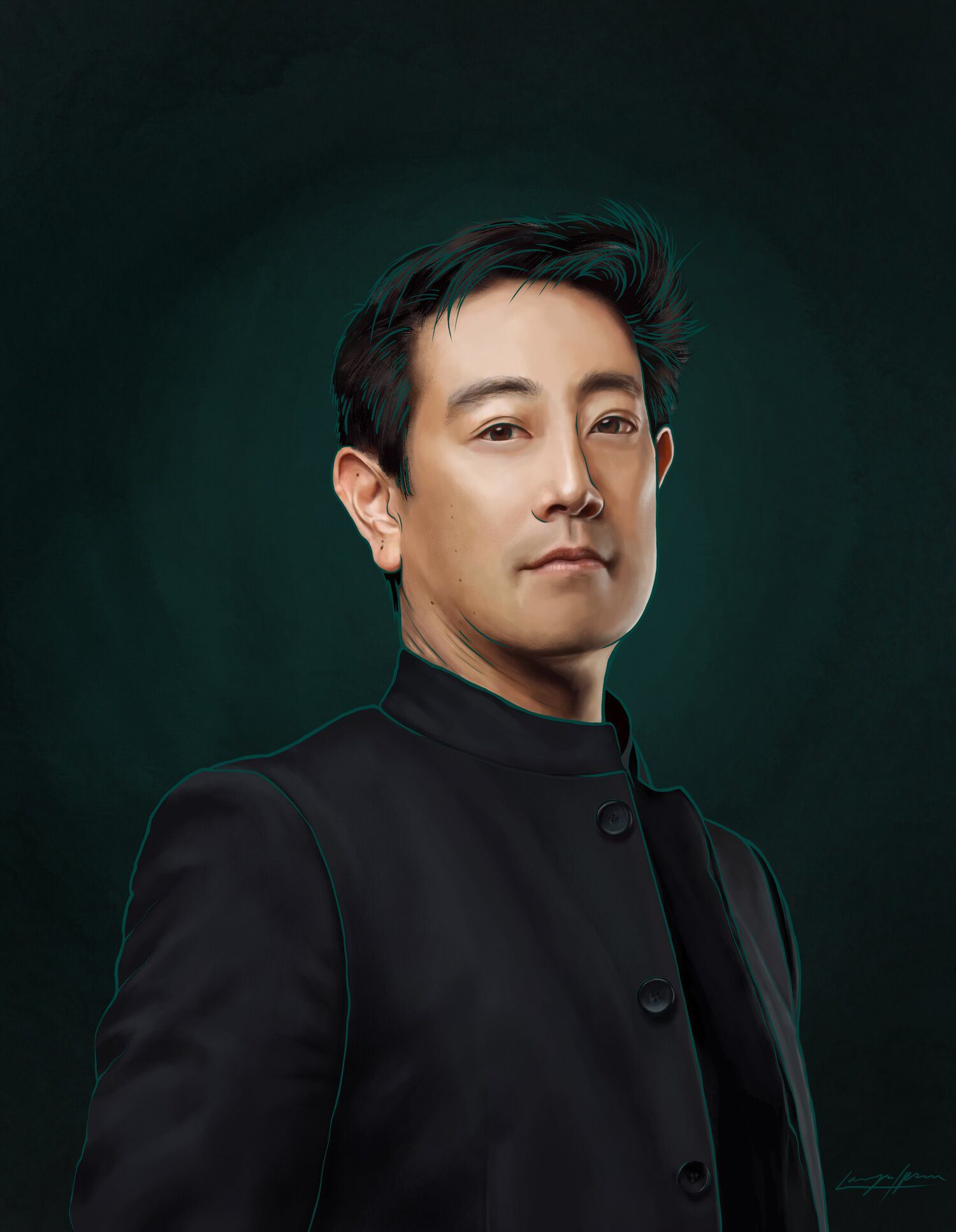 Digital portrait of a Grant Imahara. He has short black hair, is wearing a high-collared black jacket, and outlined by subtle teal light against a deep green background.