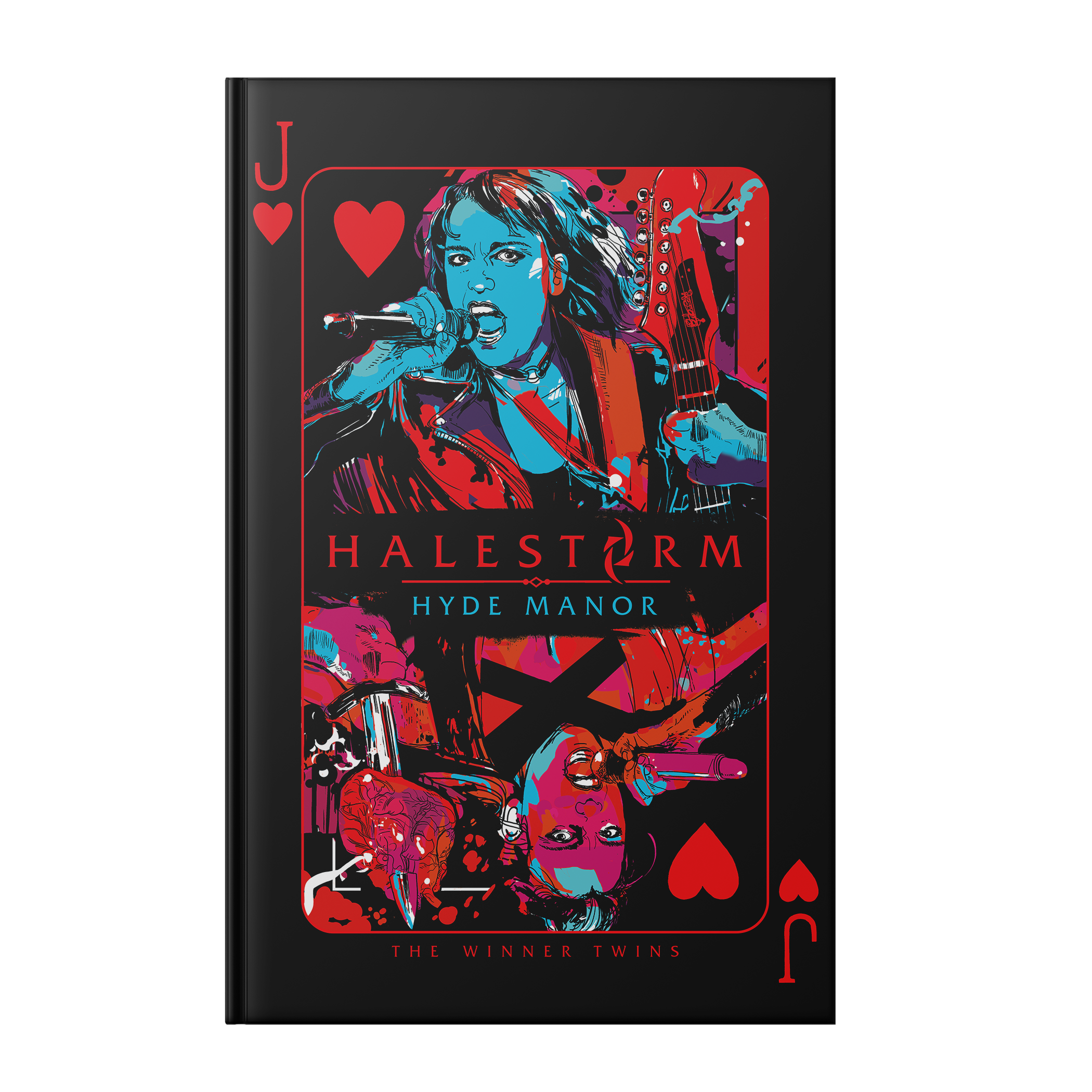 The text of this book cover reads "Halestorm Hyde Manor" in the center and "The Winner Twins" on the bottom. It is designed like a Jack of hearts playing card but with a woman instead of a jack. The background is black and the colors are red & blue