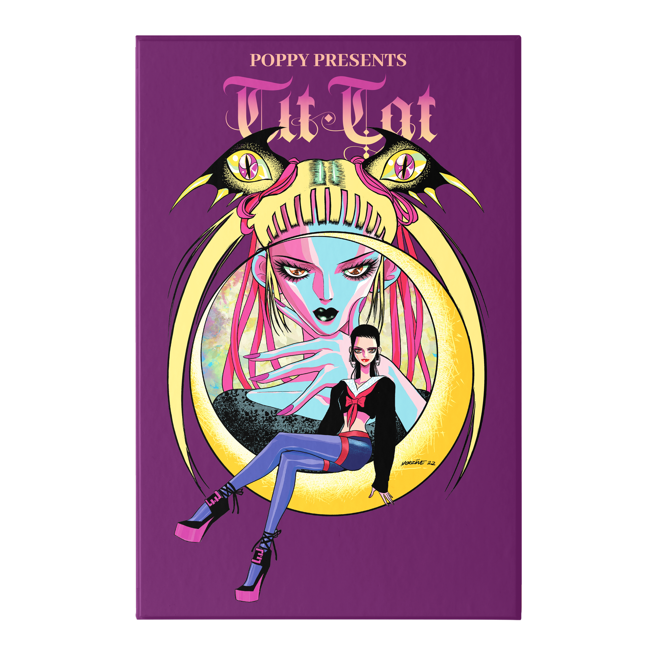 This book cover reads "Poppy Presents Tit Tat" in orange and pink text. The art shows a girl with black hair sitting in a yellow moon. Behind her is a woman with long yellow hair & blue and pink skin drawn in an anime style. The background is purple.