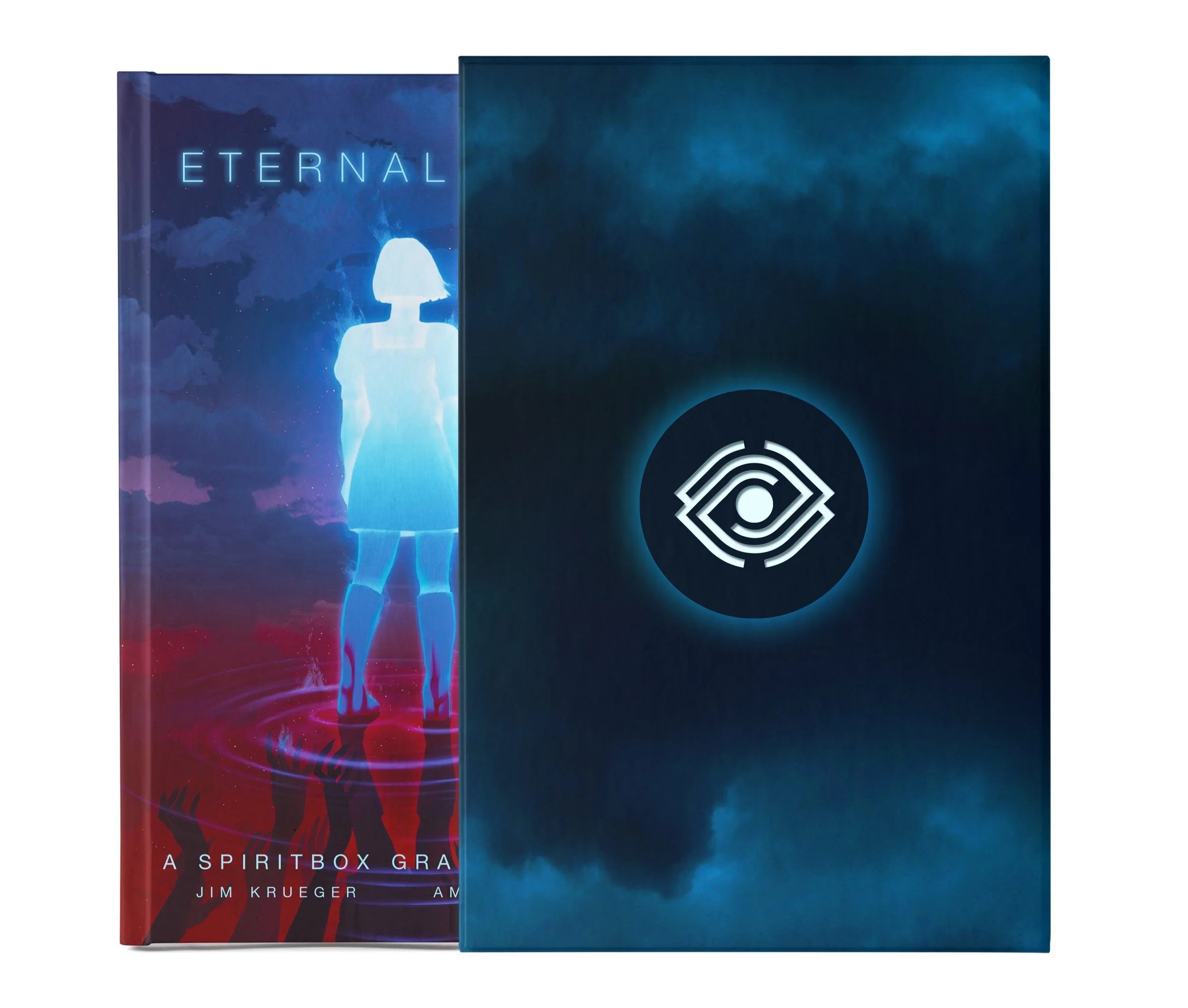 Deluxe slipcase and hardcover of Eternal Blue: A Spiritbox Graphic Novel. The dark blue, cloud-covered case bears a light blue Spiritbox symbol. Behind it, the book cover shows a luminous blue girl standing in red water above dark reaching hands.