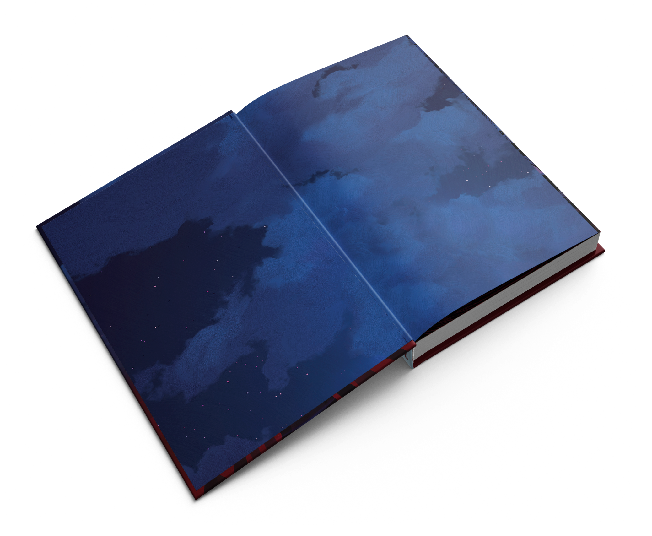 These book endpapers show painted blue clouds and a dark blue sky dotted with tiny white and pink stars.