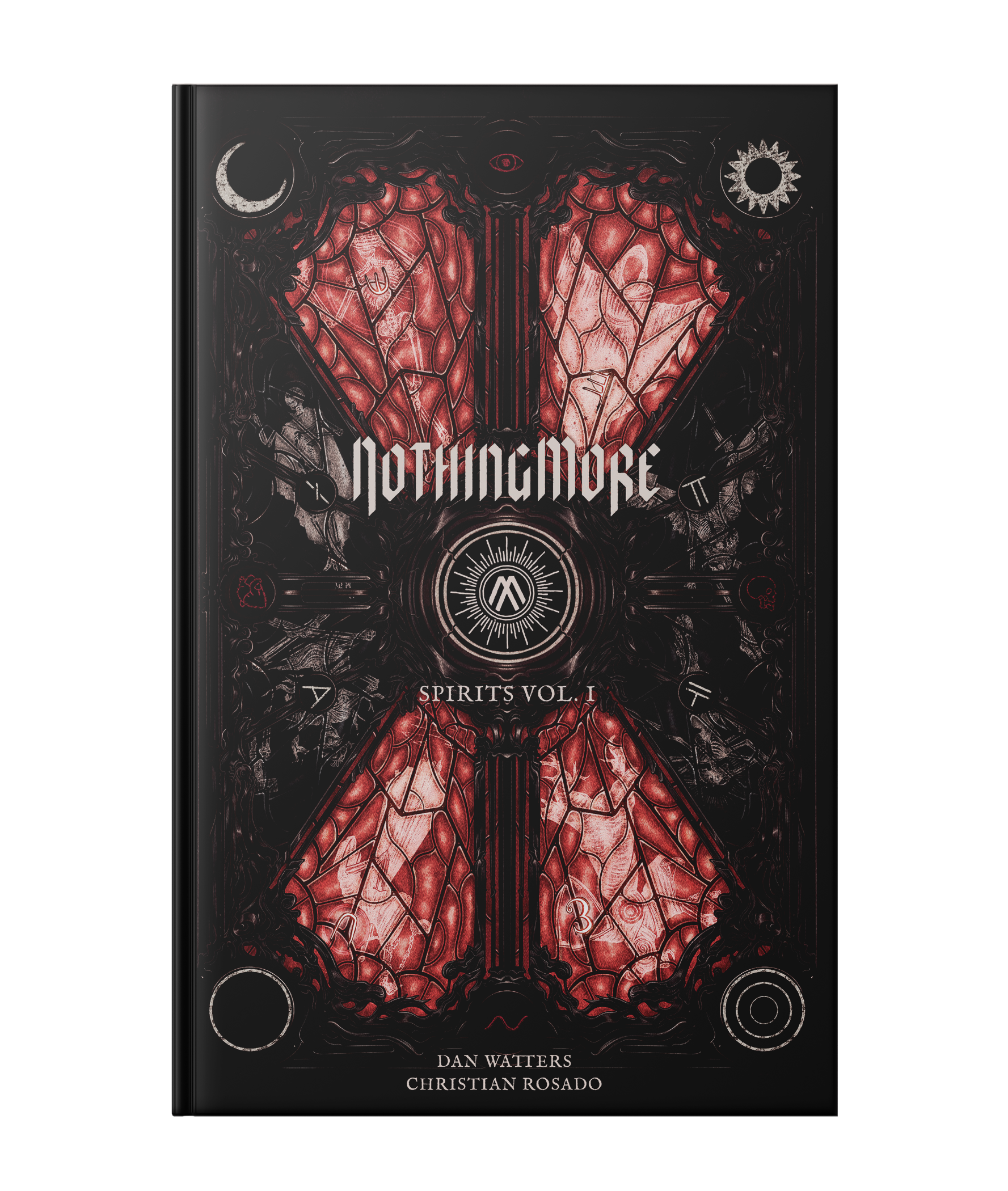 The text of this slipcase reads "Nothing More" than "Spirits Vol. I". At the bottom are the names "Dan Watters and Christian Rosado." The text is off white. The artwork shows four red stained glass panels with figures inside them.