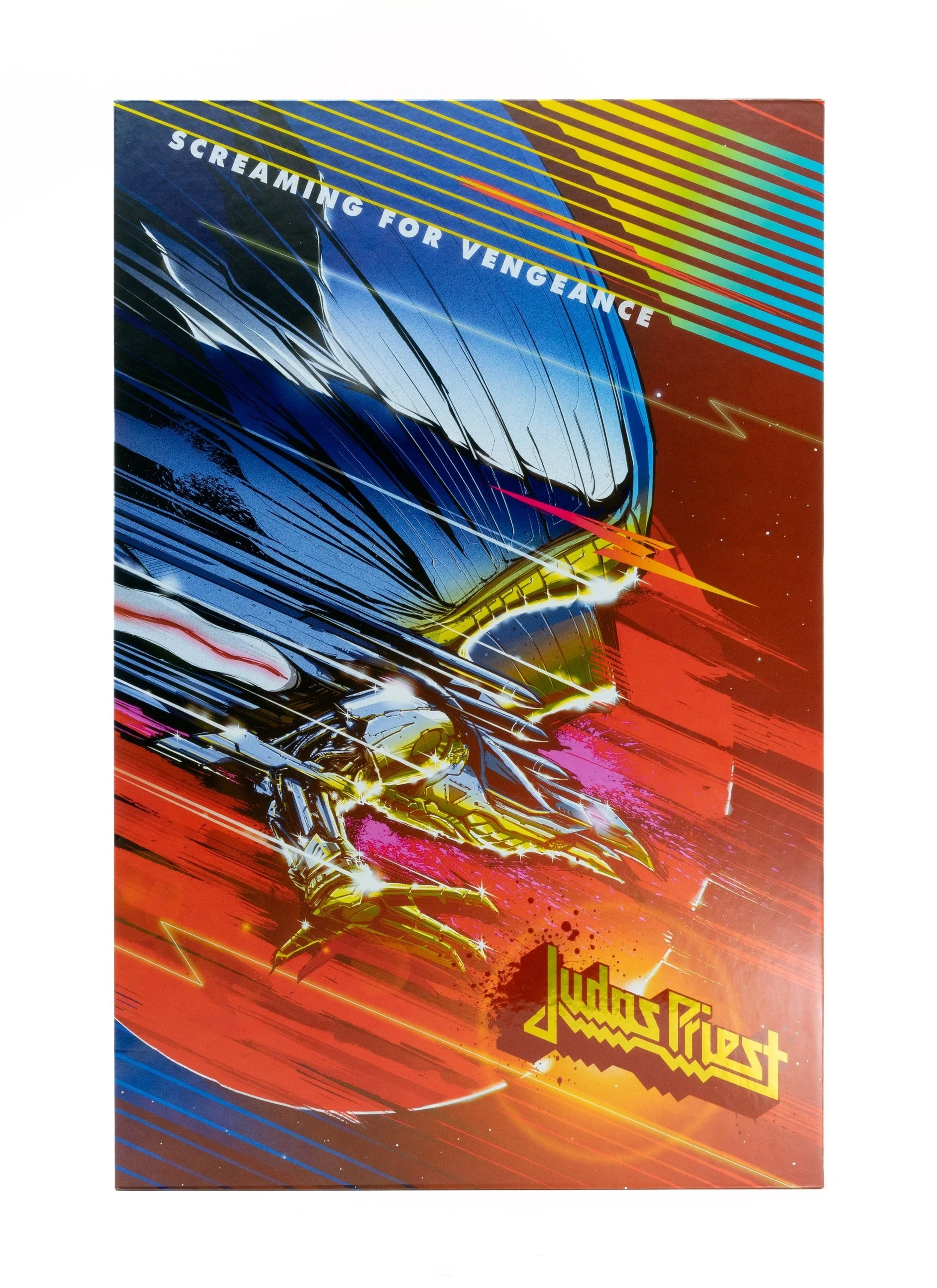 This slipcase shows a blue metallic robotic eagle by Jan Meininghaus on a red background. Behind the eagle is a red circle. Above it is diagonal lines. The text says "Screaming for Vengeance" and shows the Judas Priest logo.
