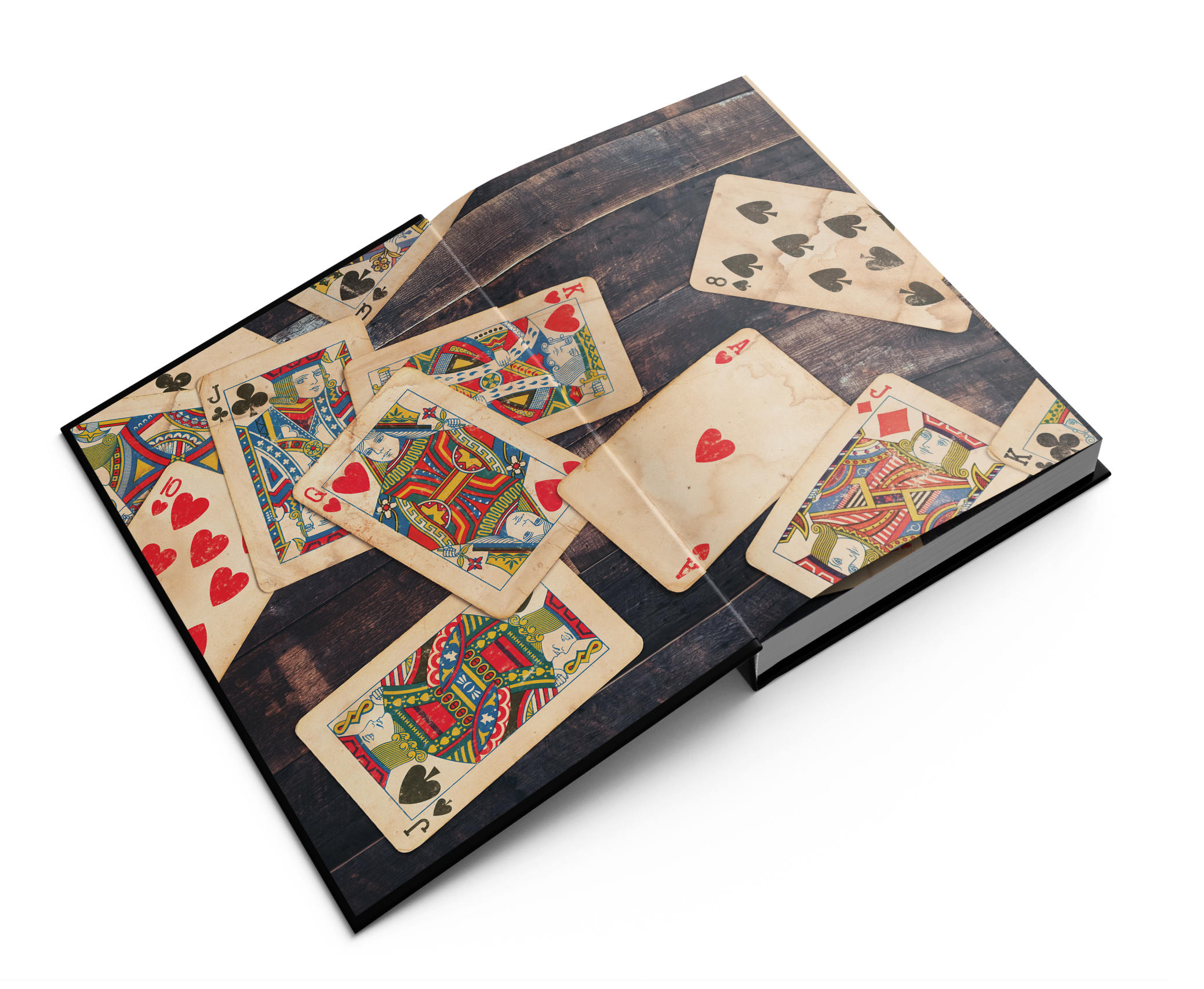 These book endpapers show heavily aged playing cards scattered on a dark wood floor.
