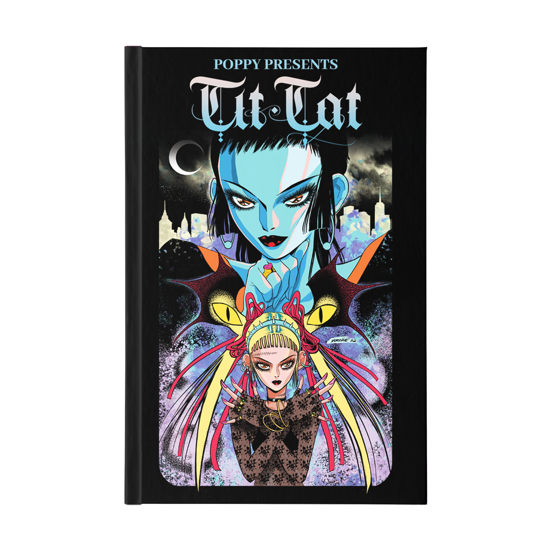 This book cover reads "Poppy Presents Tit Tat." The artwork is anime and shows a woman with blue skin, black hair, and red lips. Below her is a girl with long blond hair with red ribbons, and a scar on her head. The background is black.